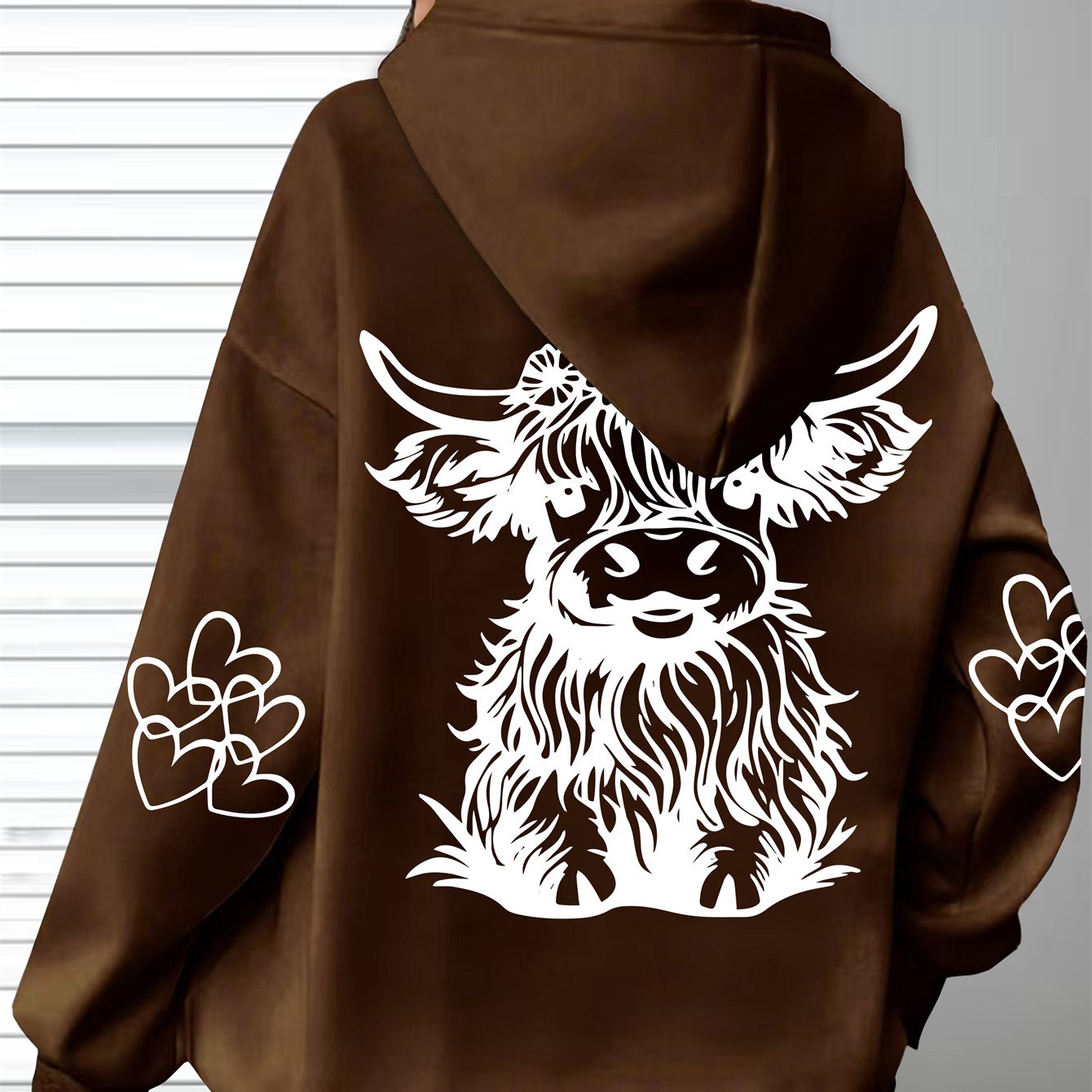 Women's Oversized Cozy Hoodie Brown Highland Cow Print Long Sleeve Pullover Casual