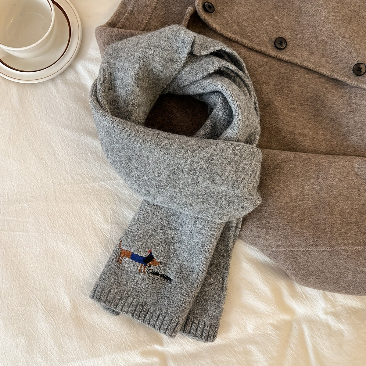 Women's Gray Wool Blend Knit Puppy Scarf Embroidered Neck Warmer Winter Windproof