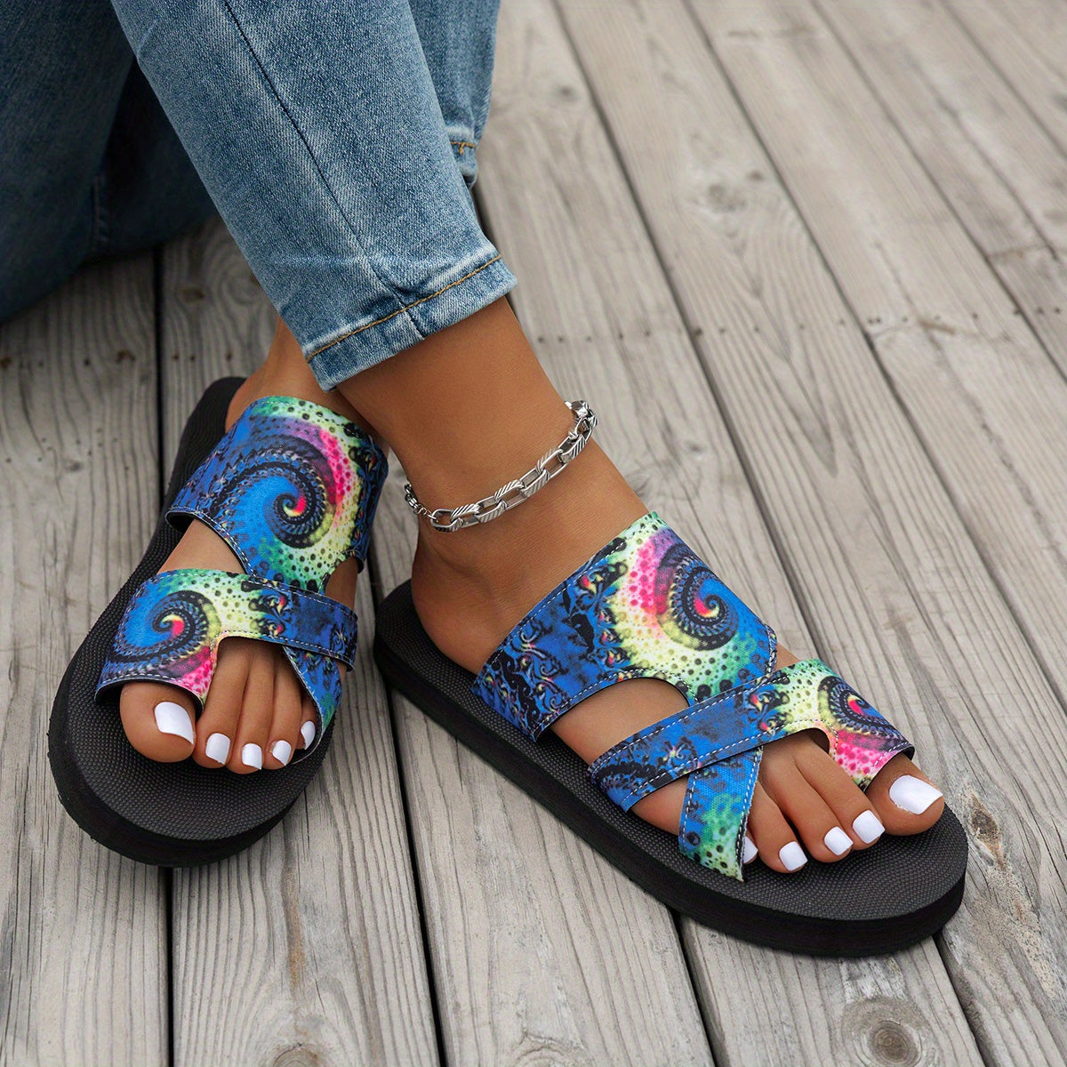 Women's Bohemian Checkered Mesh Slip-On Sandals Open-Toe Summer Footwear