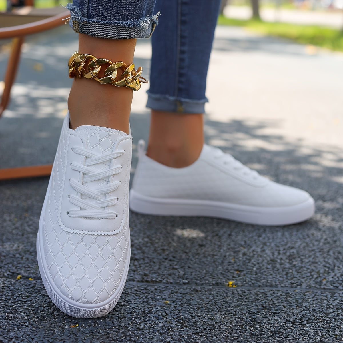 Women’s Casual Sneakers Lightweight Quilted White Low-Top Lace-Up Shoes