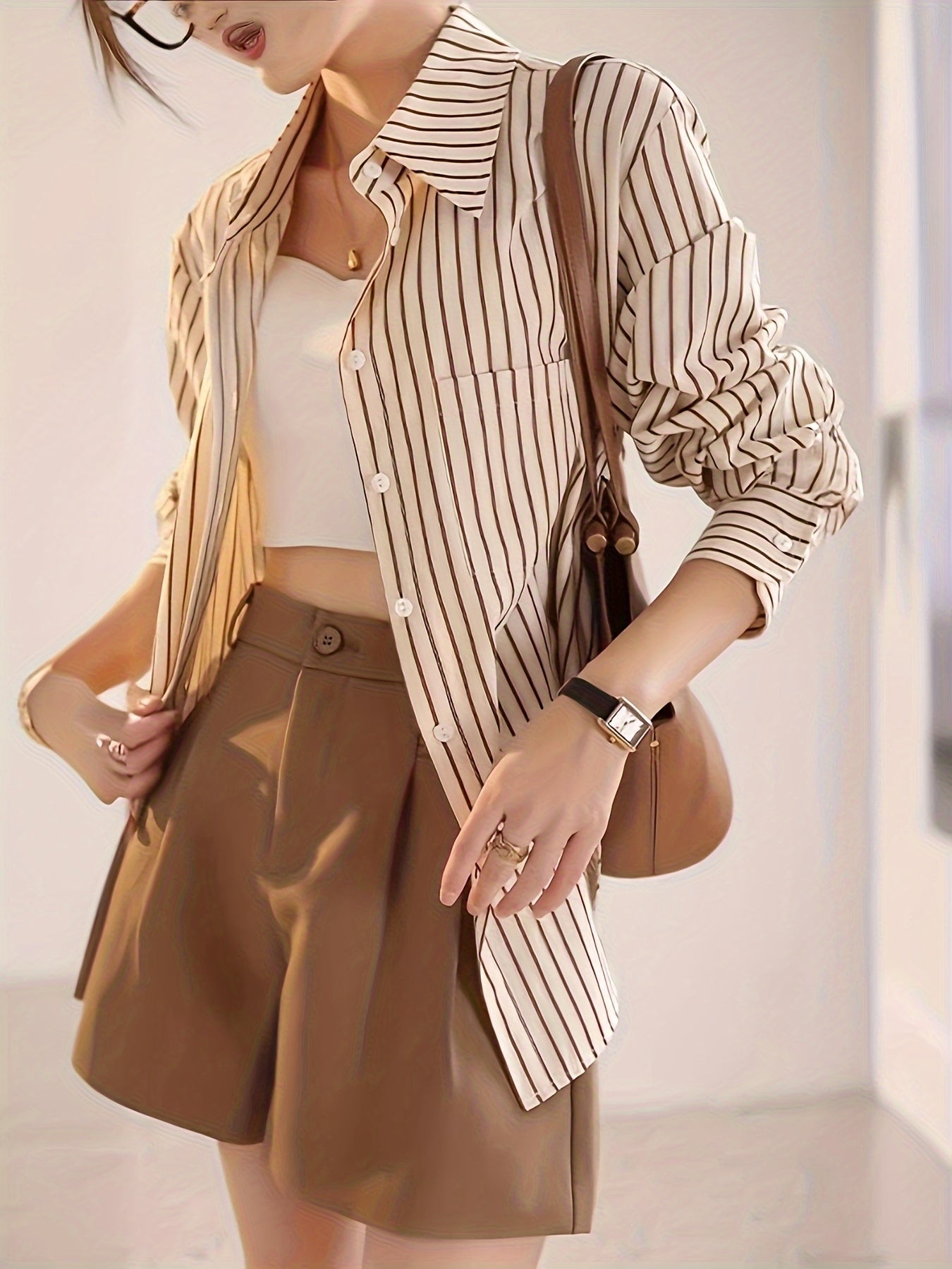 Women's Long Sleeve Striped Button-Up Shirt with Polo Collar for Spring Summer