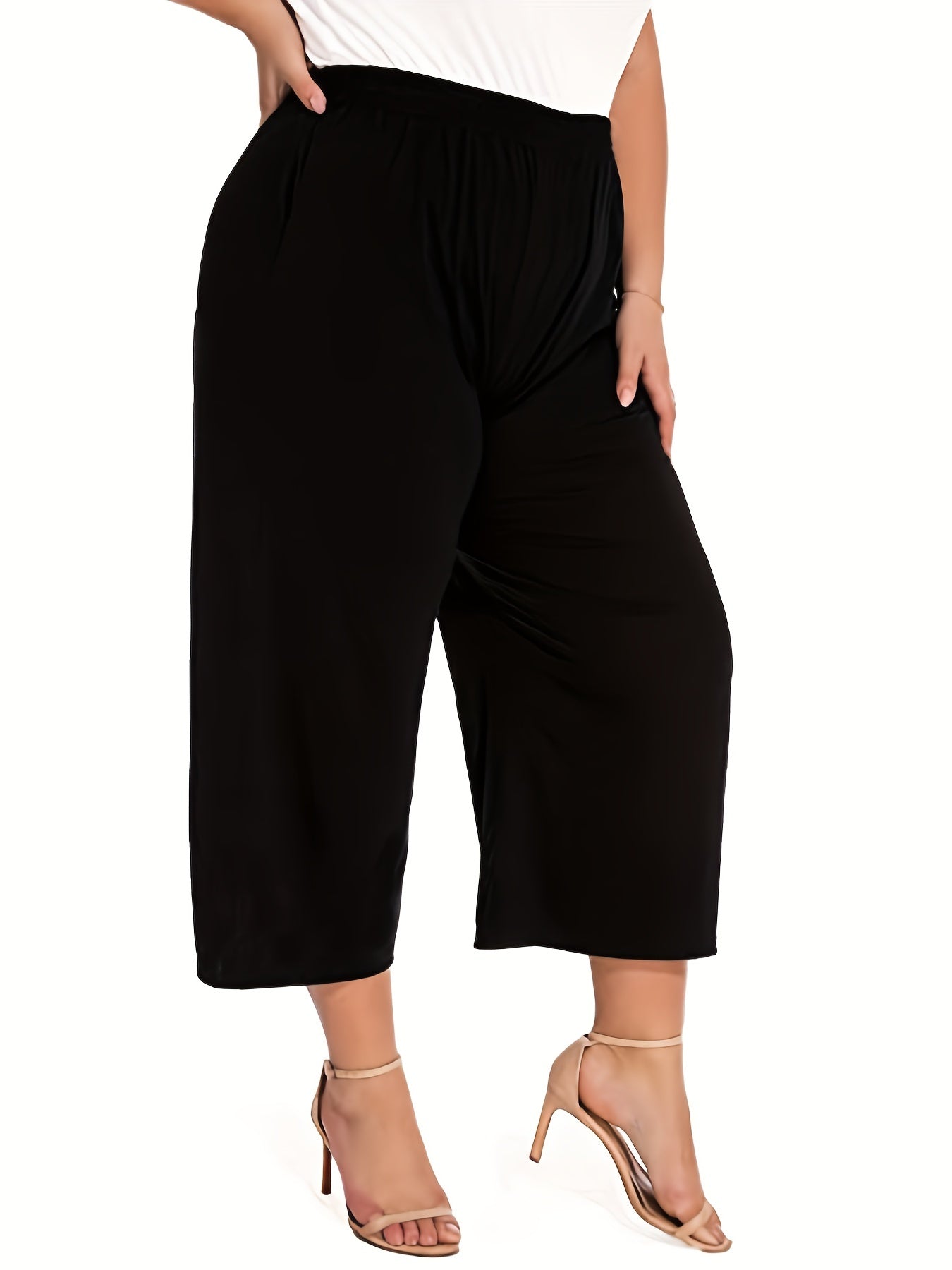 Plus Size Women's Solid High Rise Wide Leg Capri Pants