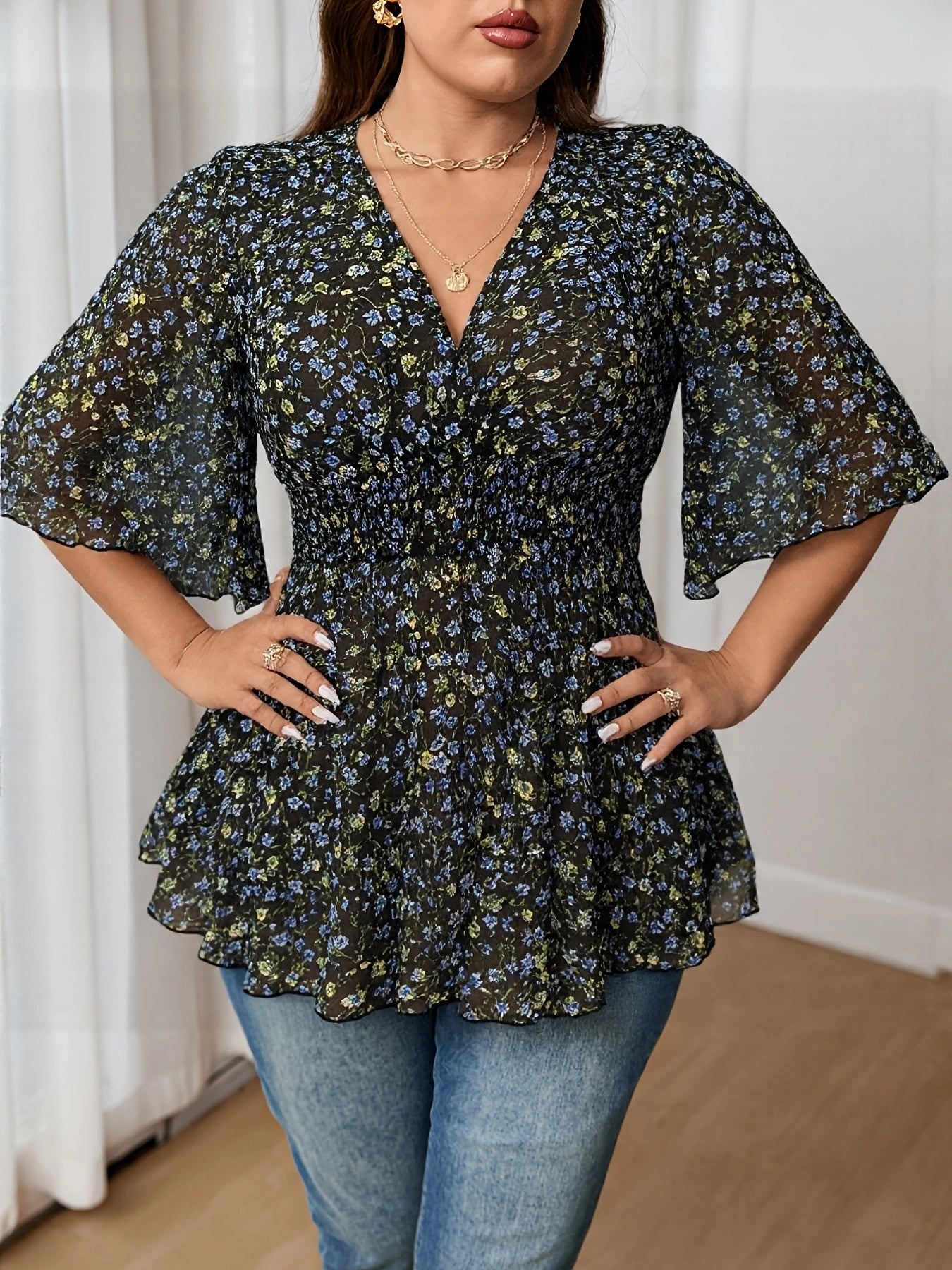 Plus Size Women's Floral V-Neck Blouse Short Sleeve Black Blue Summer Vacation