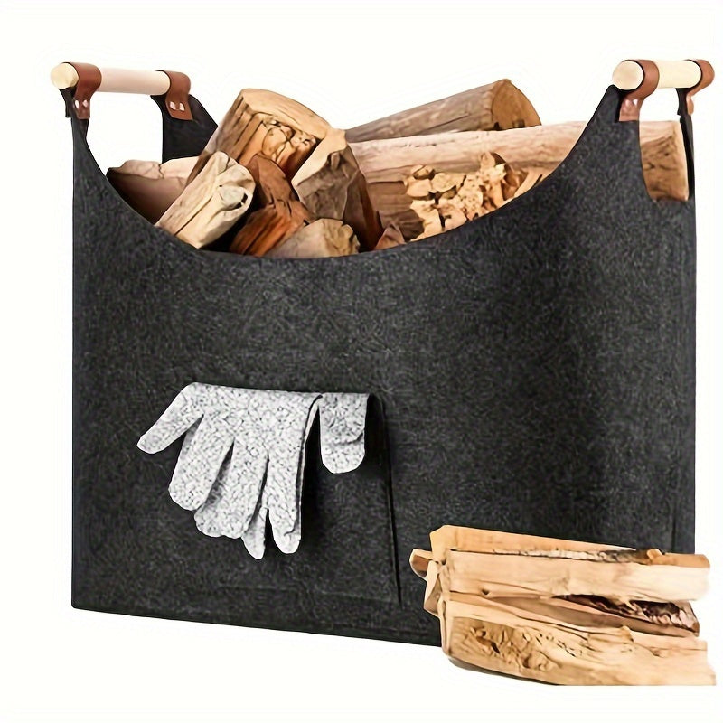 Large Felt Firewood Basket with Extendable Wooden Handle and Side Pocket