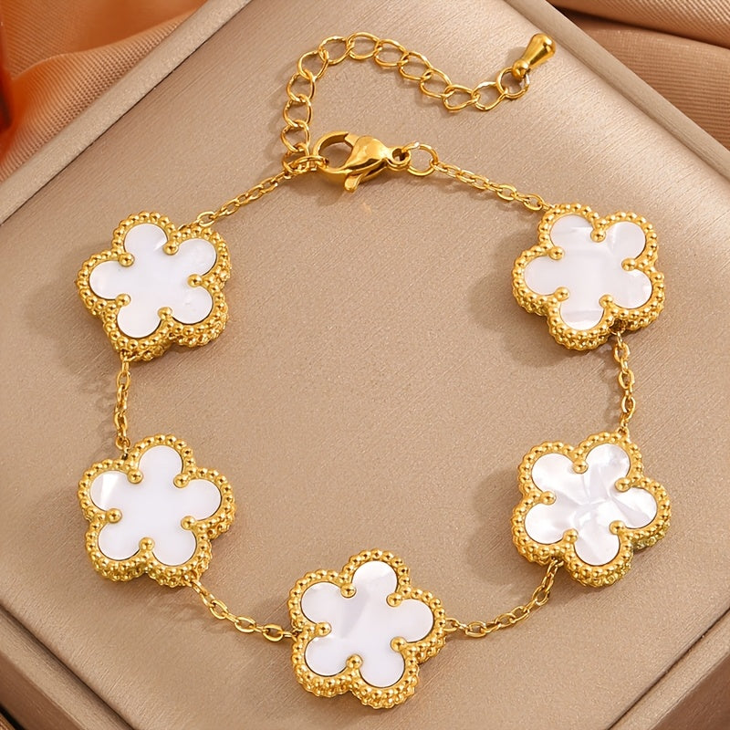 Set of 4 Gold Plated Stainless Steel Flower Bracelets with Rhinestones Boho Style for Women