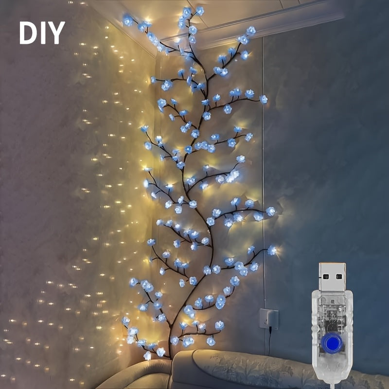Cherry Blossom Vine String Lights 96 LED USB Powered 8 Modes Wall Bedroom Party Decor