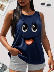 Plus Size Women's Cotton Tank Top With Smile Face Print Sleeveless Casual Summer Fashion