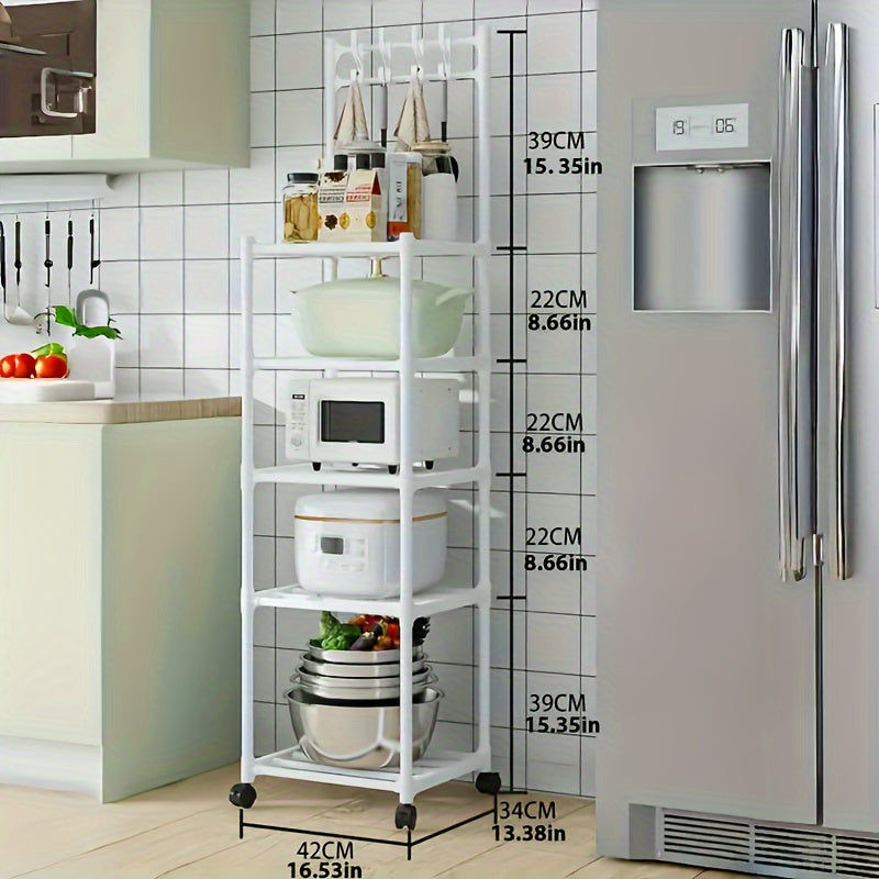 Estantería de almacenamiento de metal con ruedas y ganchos, organizador de múltiples niveles para cocina, baño y sala de estar