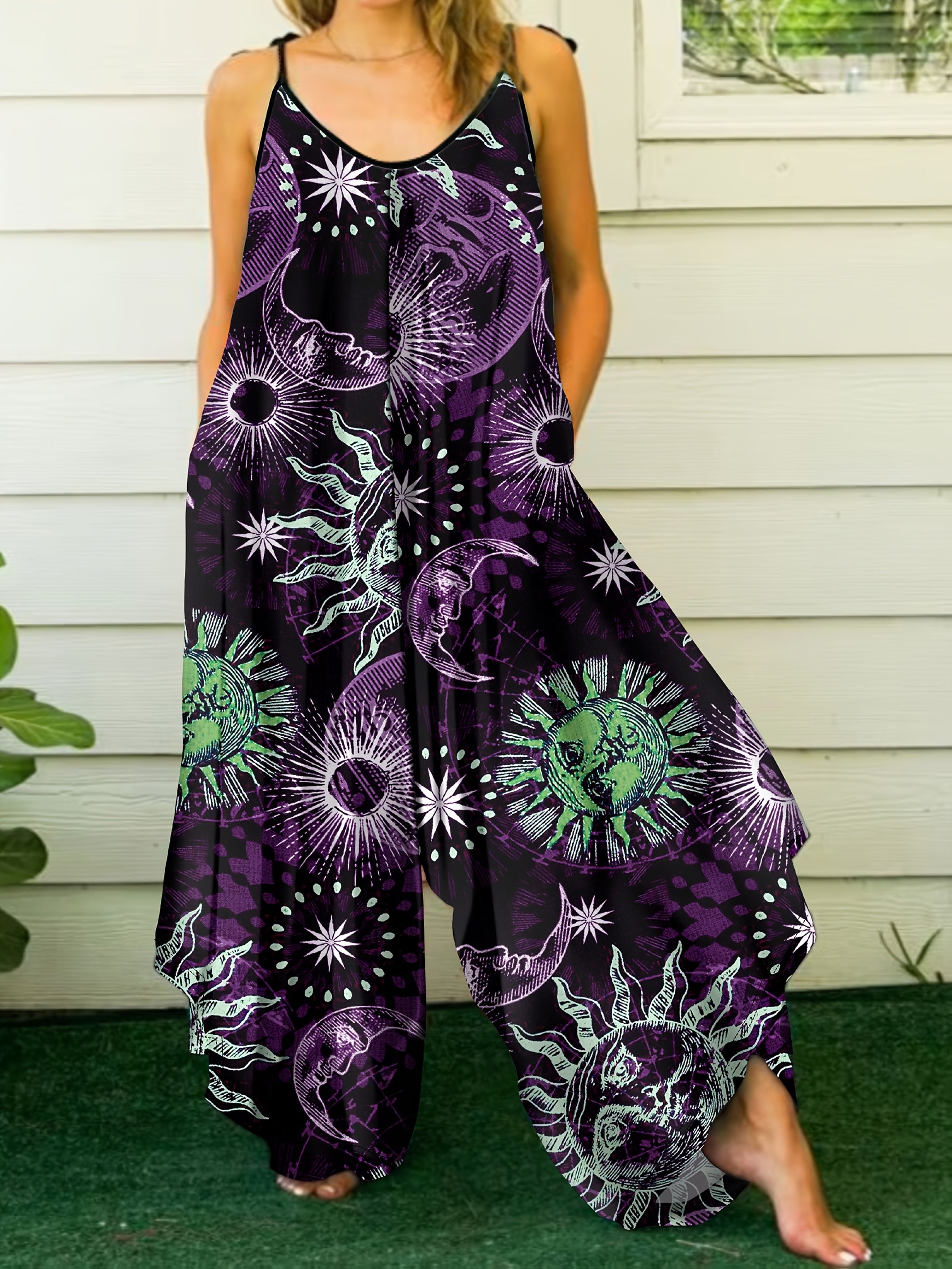 Plus Size Women's Tie-Dye Sleeveless Jumpsuit with Floral Star Print