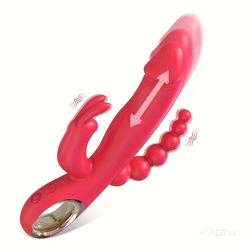 Mujer Dildo de silicona con movimiento de empuje, vibrador con orejas de conejo, estimulador de punto G y anal