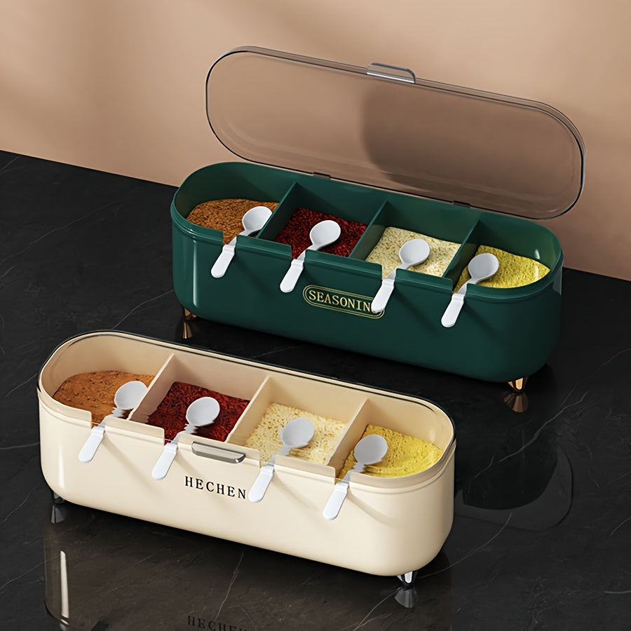 4-Compartment Seasoning Box with Lid and Spoon for Kitchen Storage