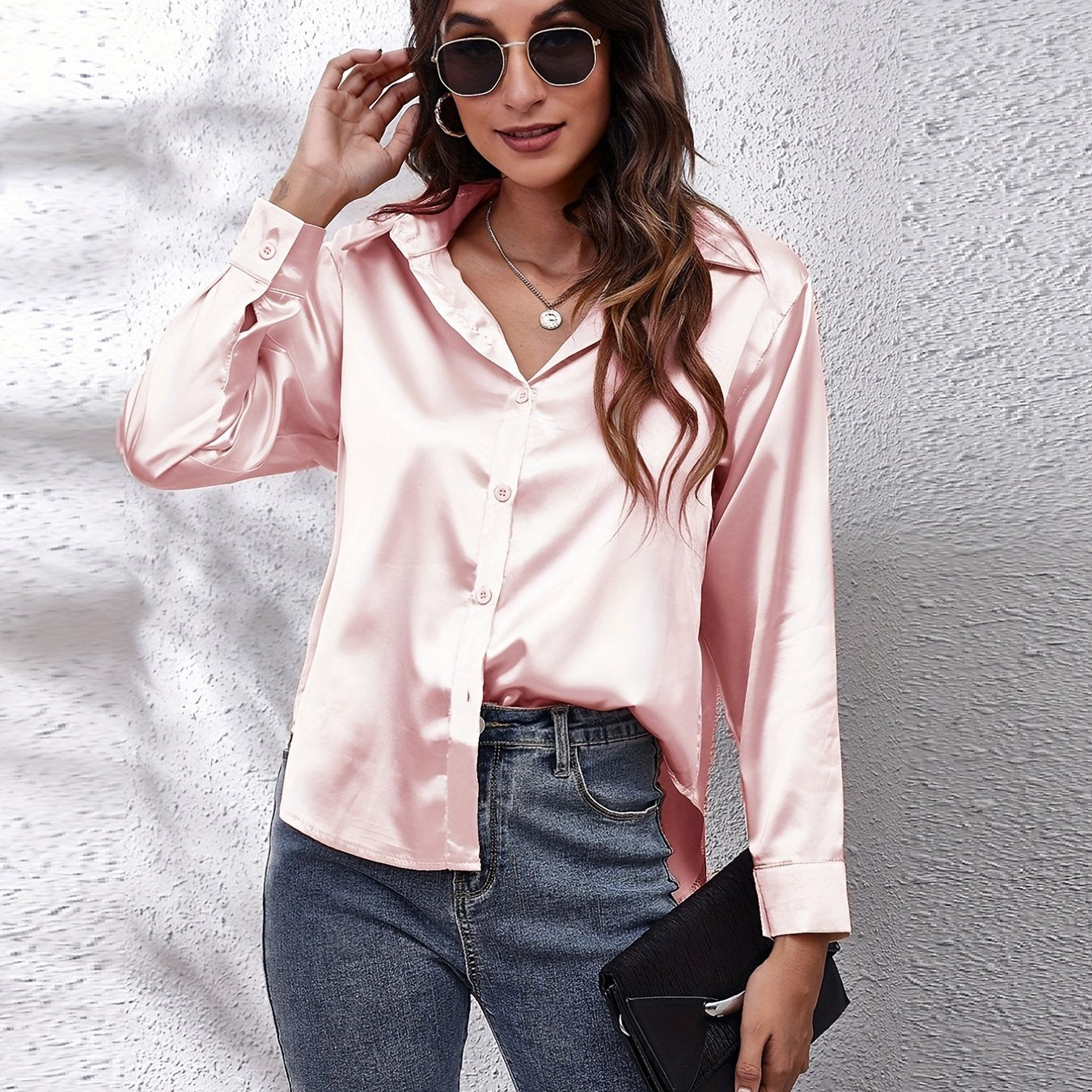 Women's Satin Shirt Long Sleeve Solid Color Lapel Collar Regular Length Single Breasted Elegant Polyester