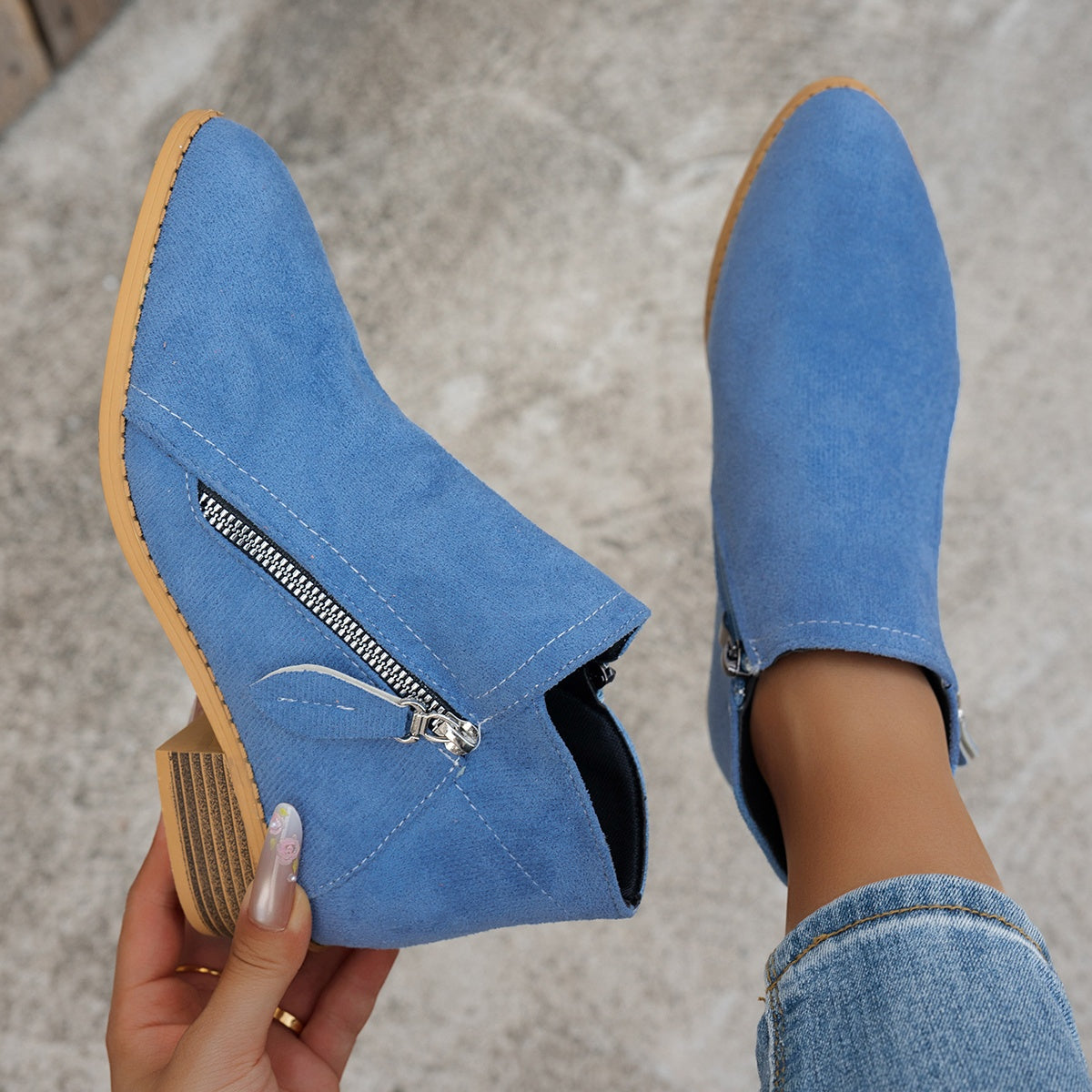 Women's Ankle Boots Solid Color Pointed Toe Mid-Heel Casual Slip-Ons