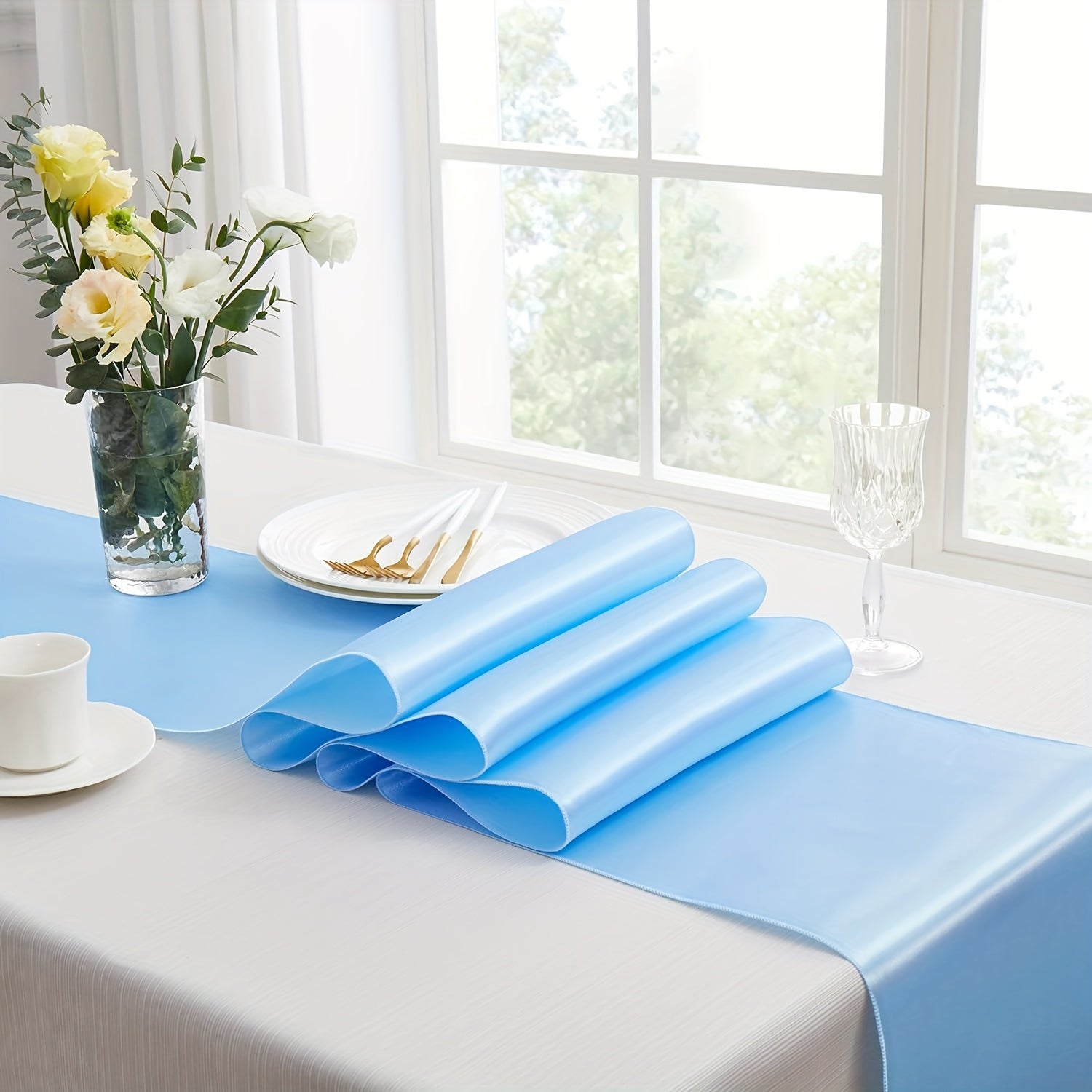 Light Blue Satin Table Runner 30.48 x 274.32 cm for Weddings and Formal Events