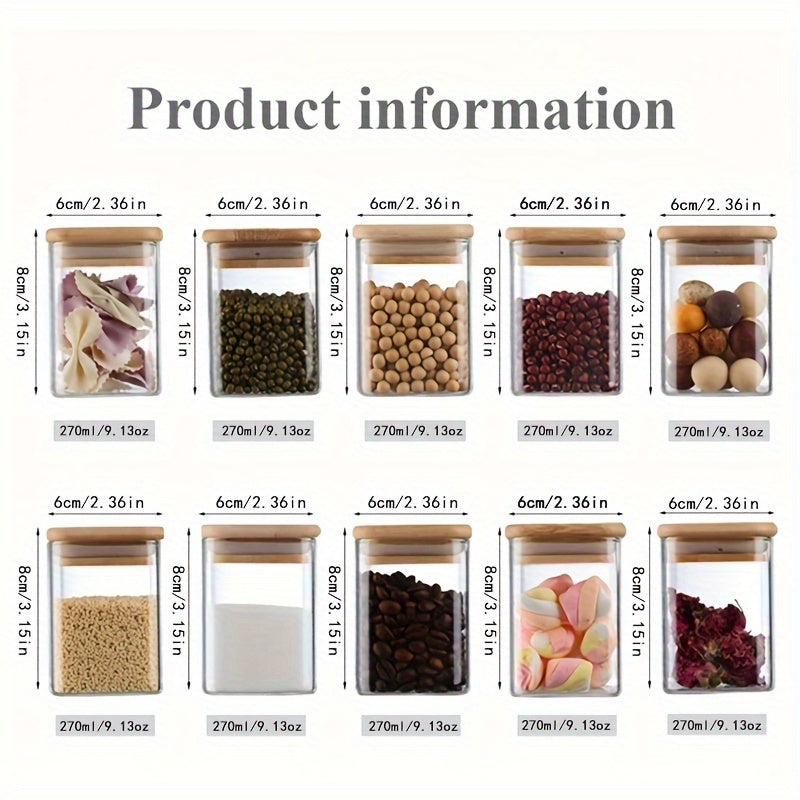 10-Piece Square Glass Spice Jars Set with Airtight Bamboo Lids and Measuring Spoons