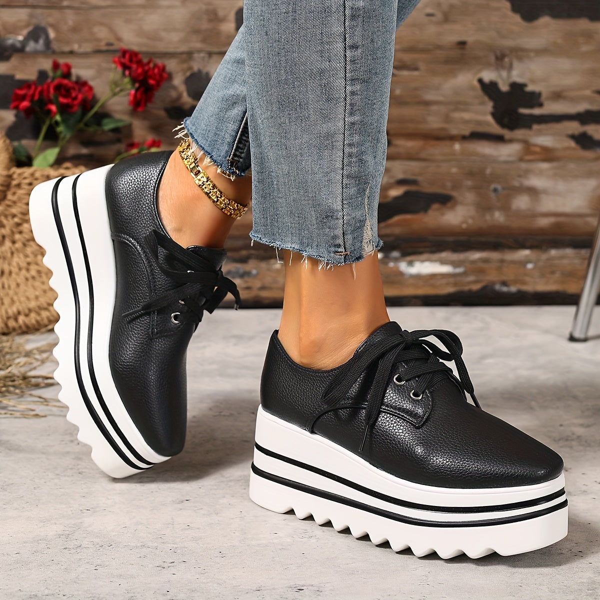 Women's White Synthetic Chunky Platform Lace-Up Shoes with Hidden Heel