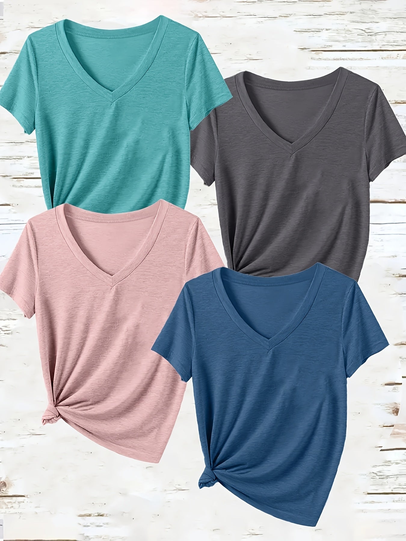 Women's V-Neck Short Sleeve T-Shirts Pack Breathable Casual Tops Black Pink Blue Teal