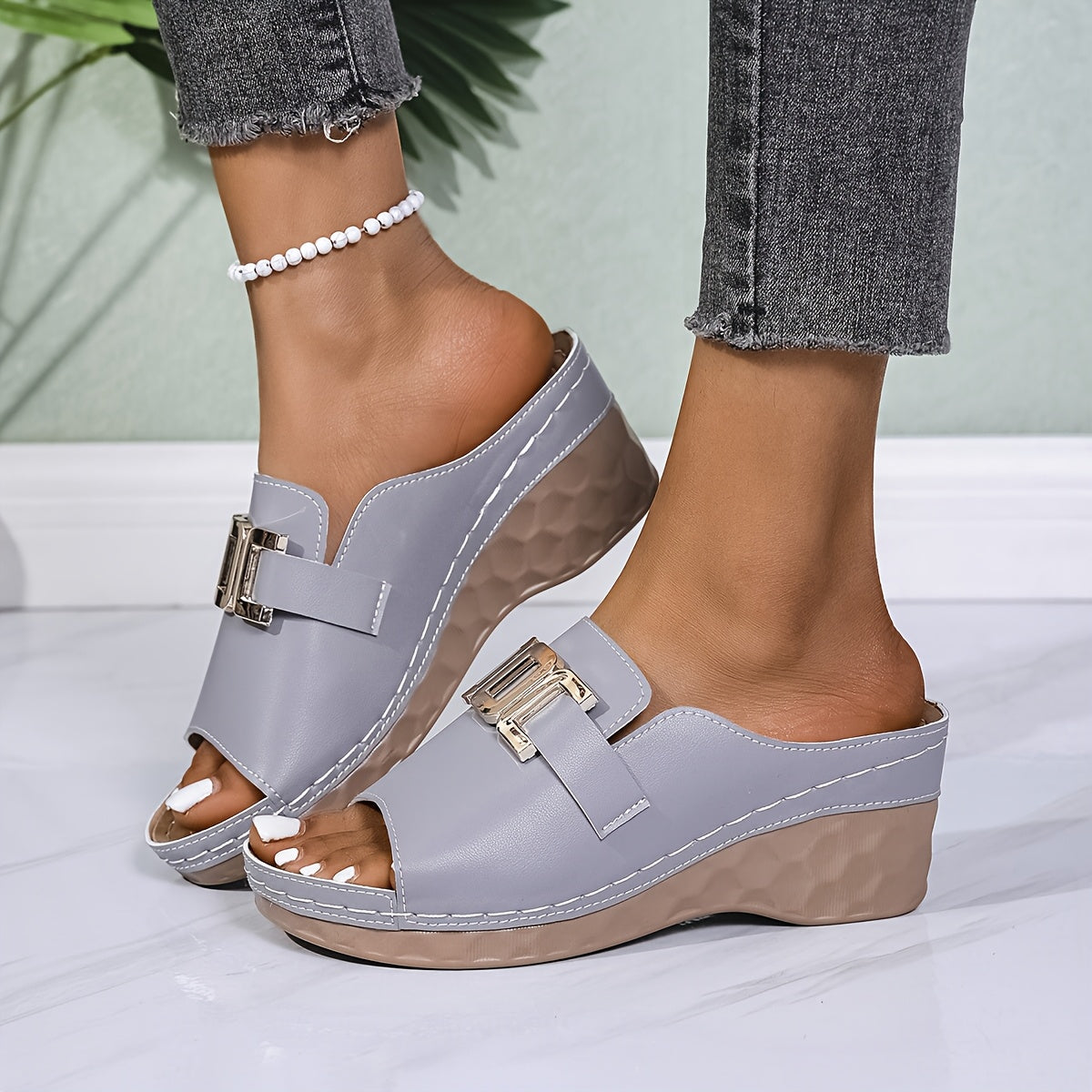 Women's Faux Leather Wedge Sandals with Buckle Open Toe High Heel