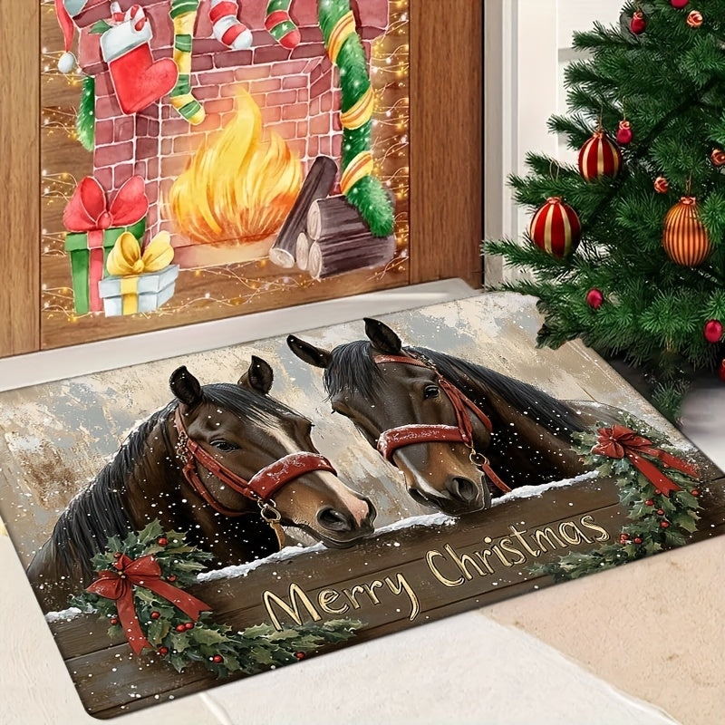 Holiday Christmas Horse Doormat Non-Slip Washable Water-Resistant for Kitchen or Living Room