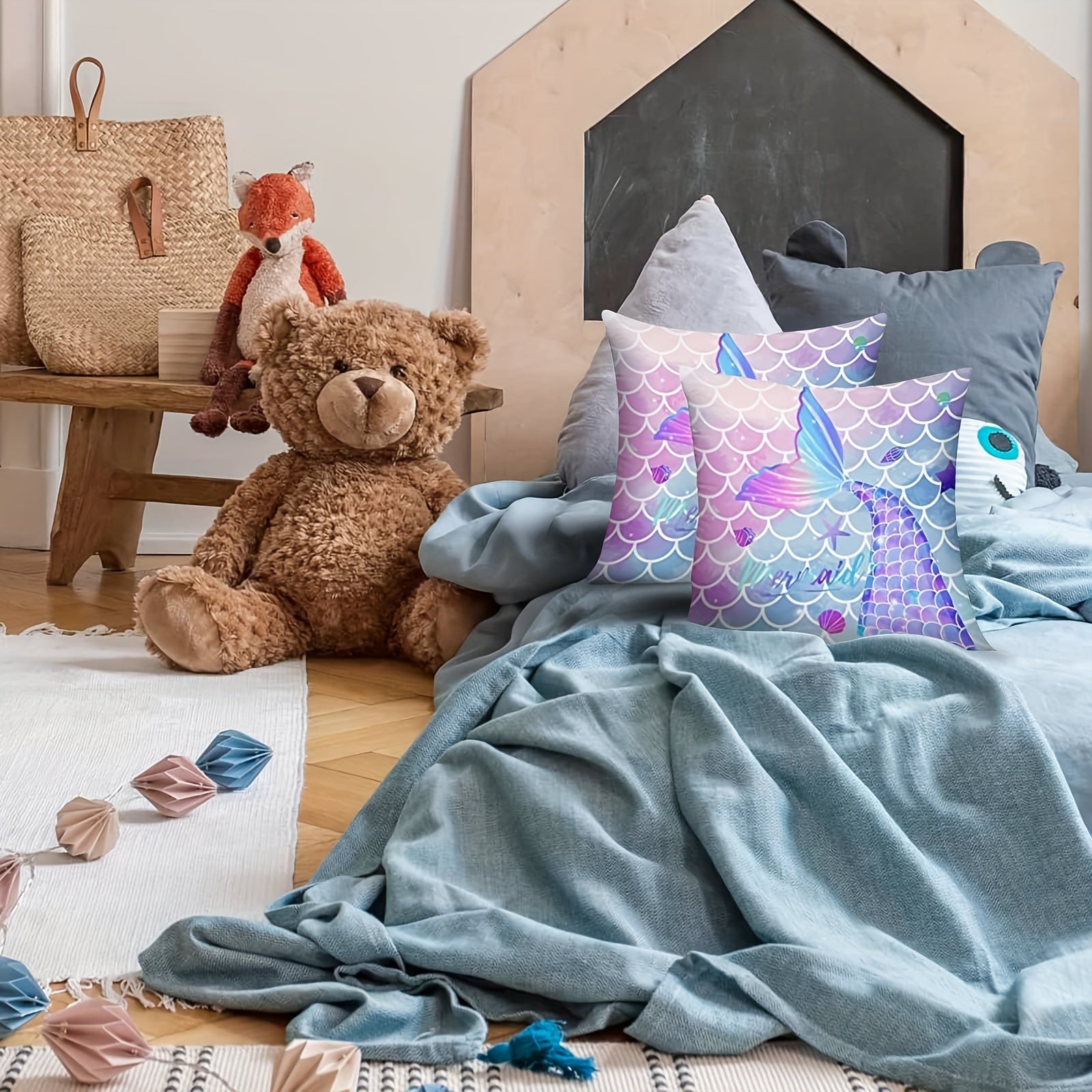 Funda de almohada de cola de sirena de 18x18 pulgadas de poliéster con cremallera para decoración de guardería y habitación de niñas