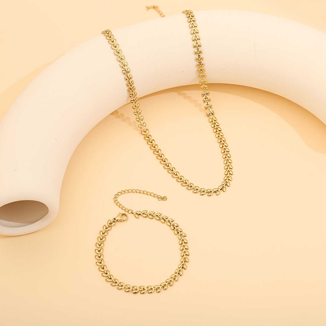 Women’s 18K Gold Plated Stainless Steel Wheat Sheaf Necklace and Bracelet Set Elegant Jewelry for Everyday and Special Occasions