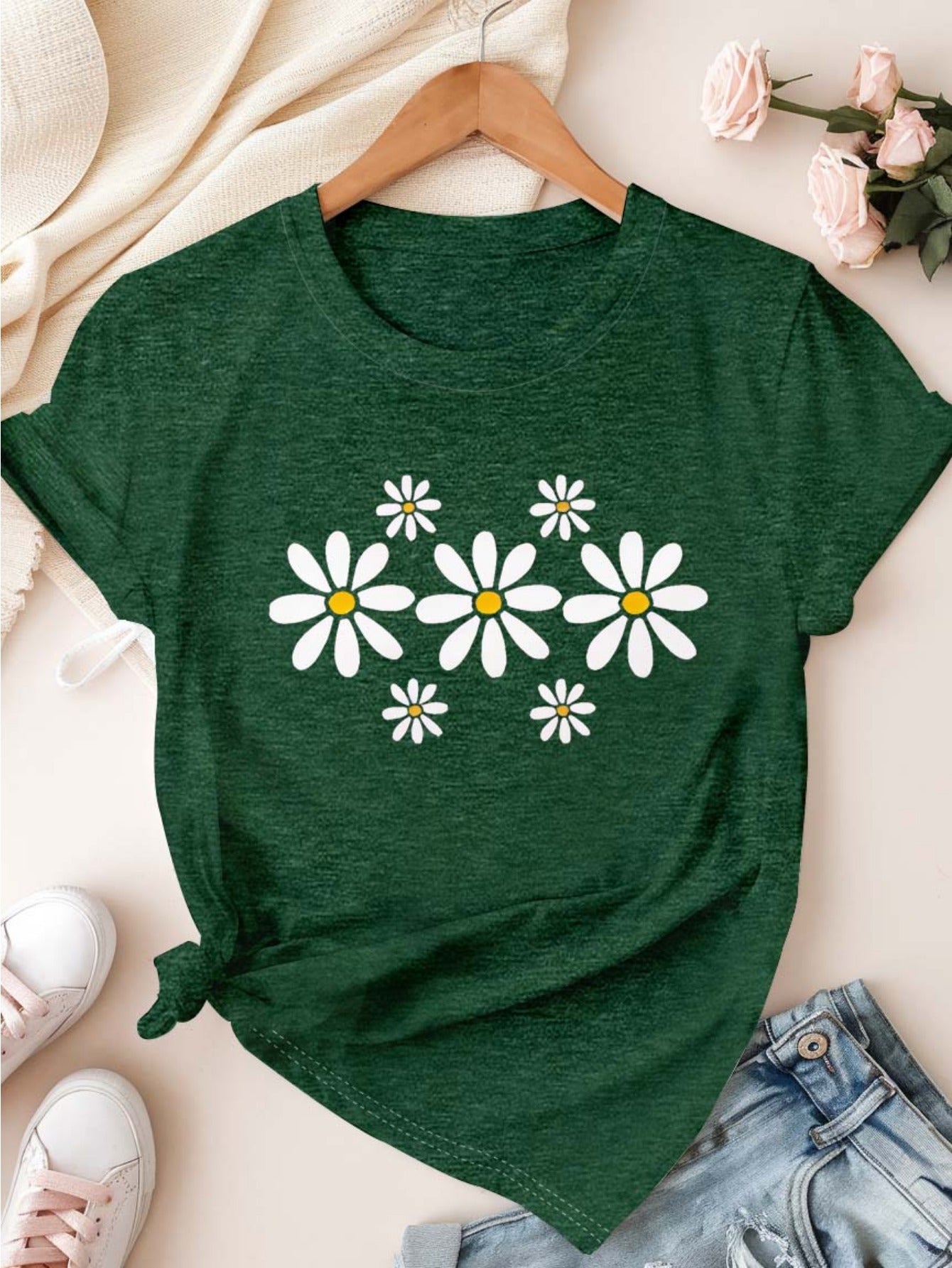 Plus Size Women's Floral Cotton T-Shirt Casual Daisy Print Short Sleeve