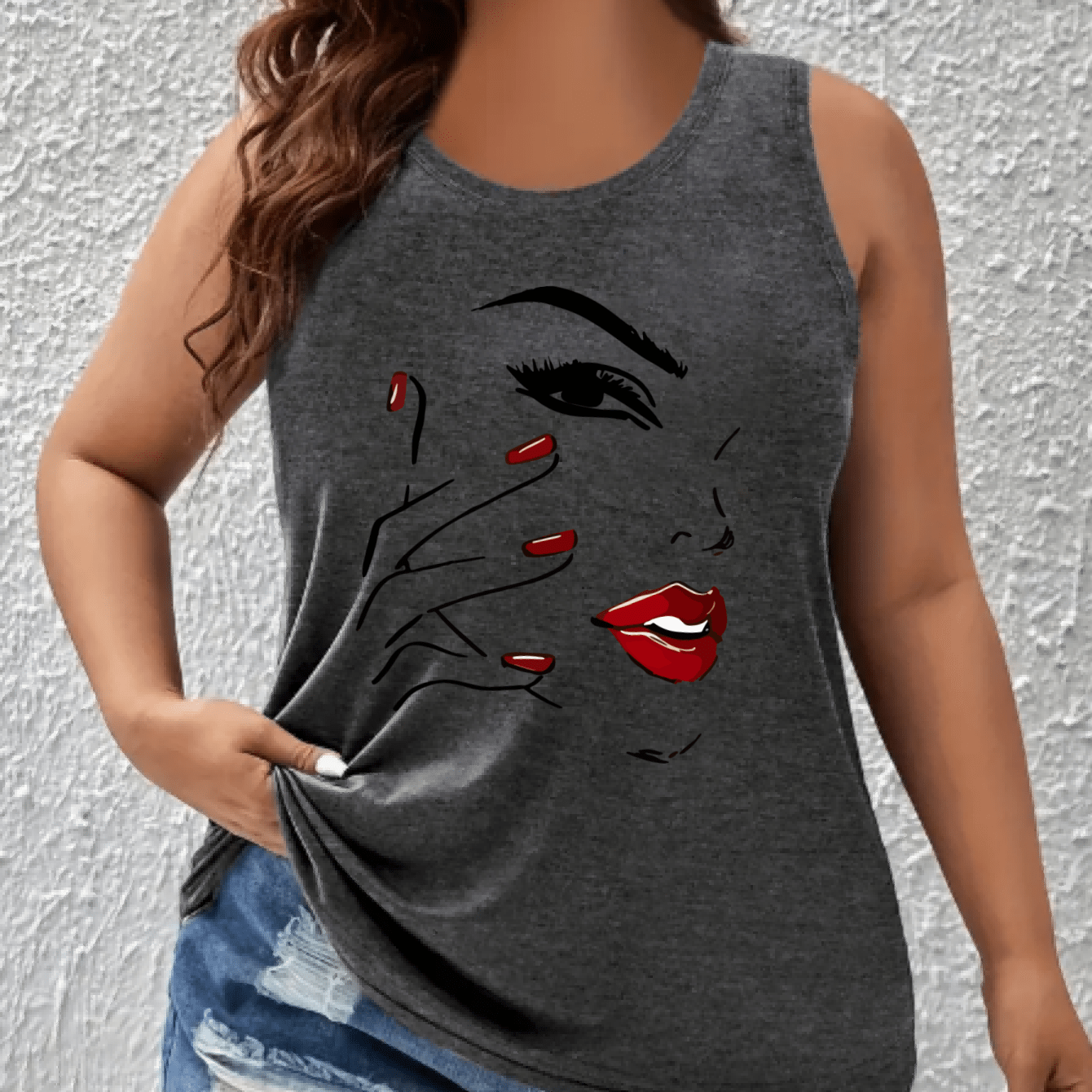 Women's Off-Shoulder Vest Top with Red Lips Print Breathable Stretchy Fabric