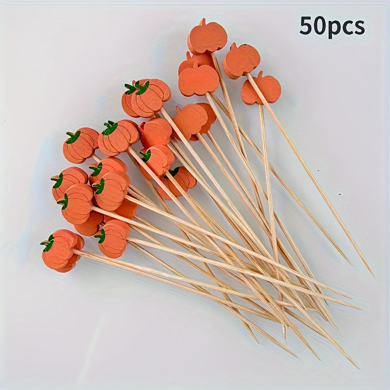 Bamboo Cocktail Picks for Appetizers and Fruit Skewers with Decorative Leaves Pumpkins and Acorns Set of 50