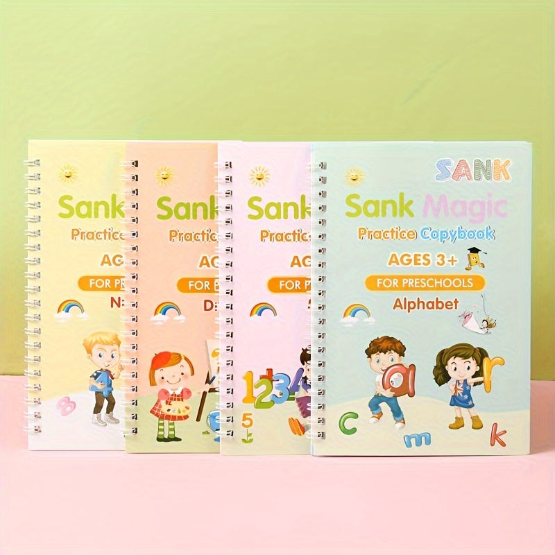 Conjunto de libros de práctica de caligrafía en inglés para niños de 3 años en adelante con pluma de acero, pluma dura y ranuras digitales