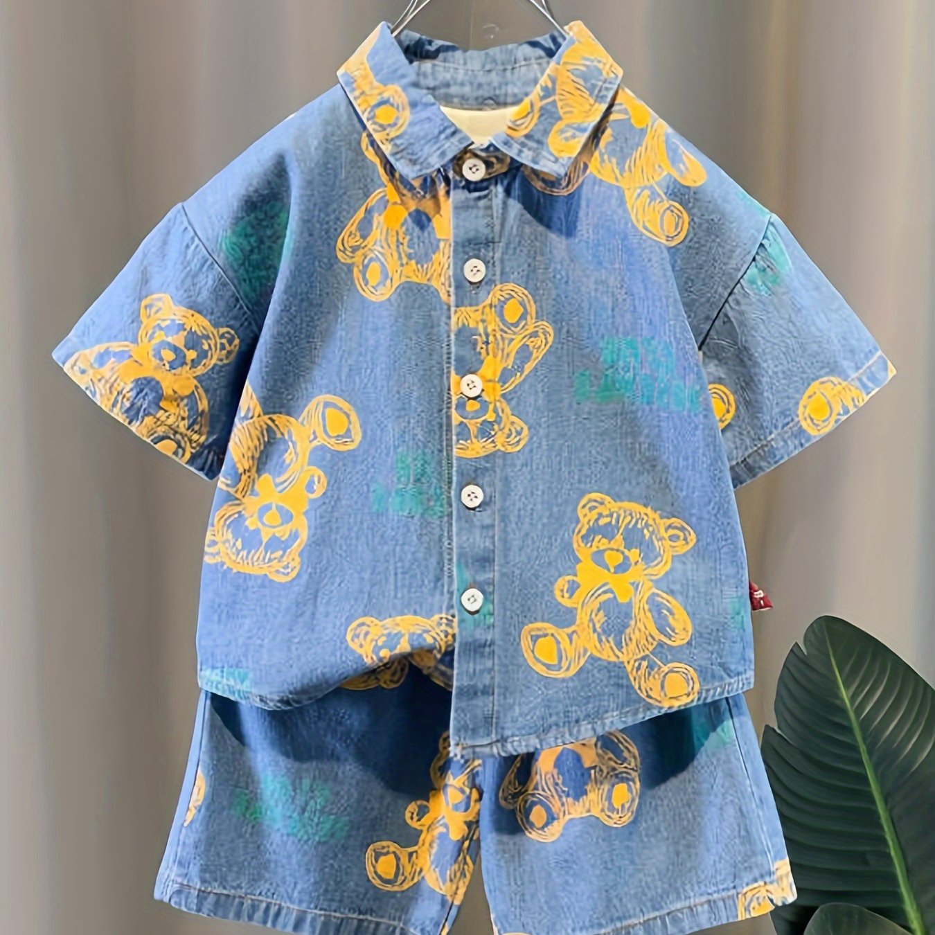 Kids Boys Summer Denim Set 2pcs Bear Graphic Short Sleeve Shirt and Shorts