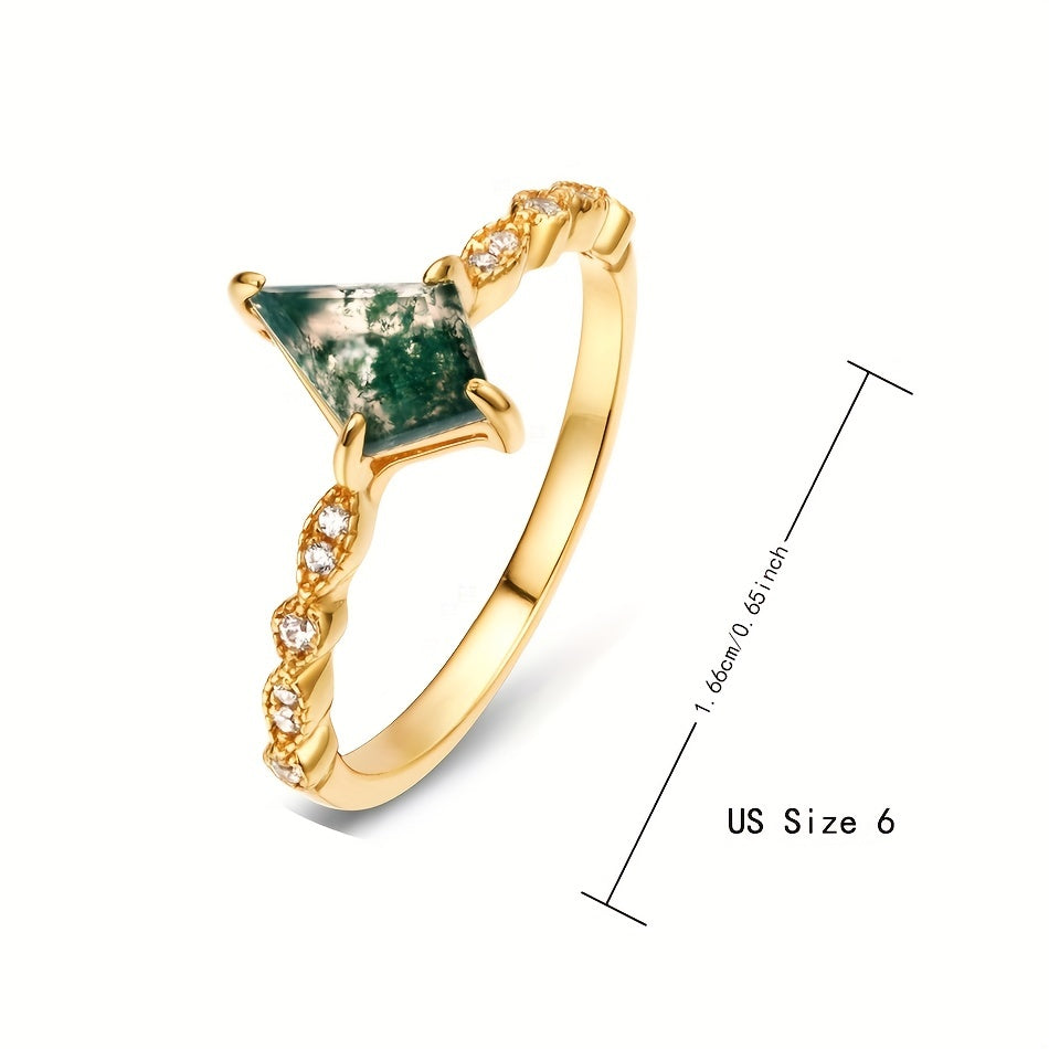 Silver Ring for Women with Green Moss Agate 6x9mm Water Grass Stone Gold-Plated Jewelry