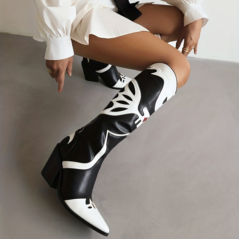 Women's Printed Chunky Heel Western Boots Pointed Toe Retro