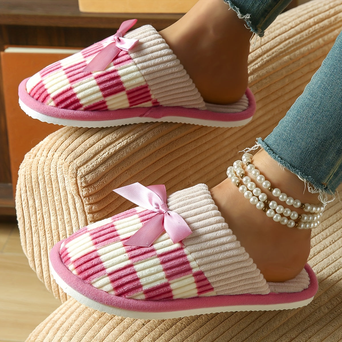 Women's Checkered Knit Slippers with Bow Non-Slip Sole Indoor Comfort