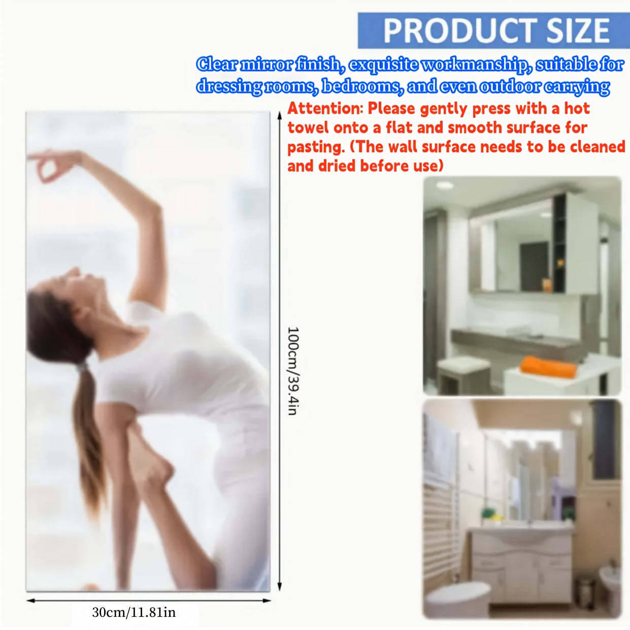 30x100cm Self-Adhesive Mirror Wall Sticker Roll with Glossy Surface for Bathroom Walls