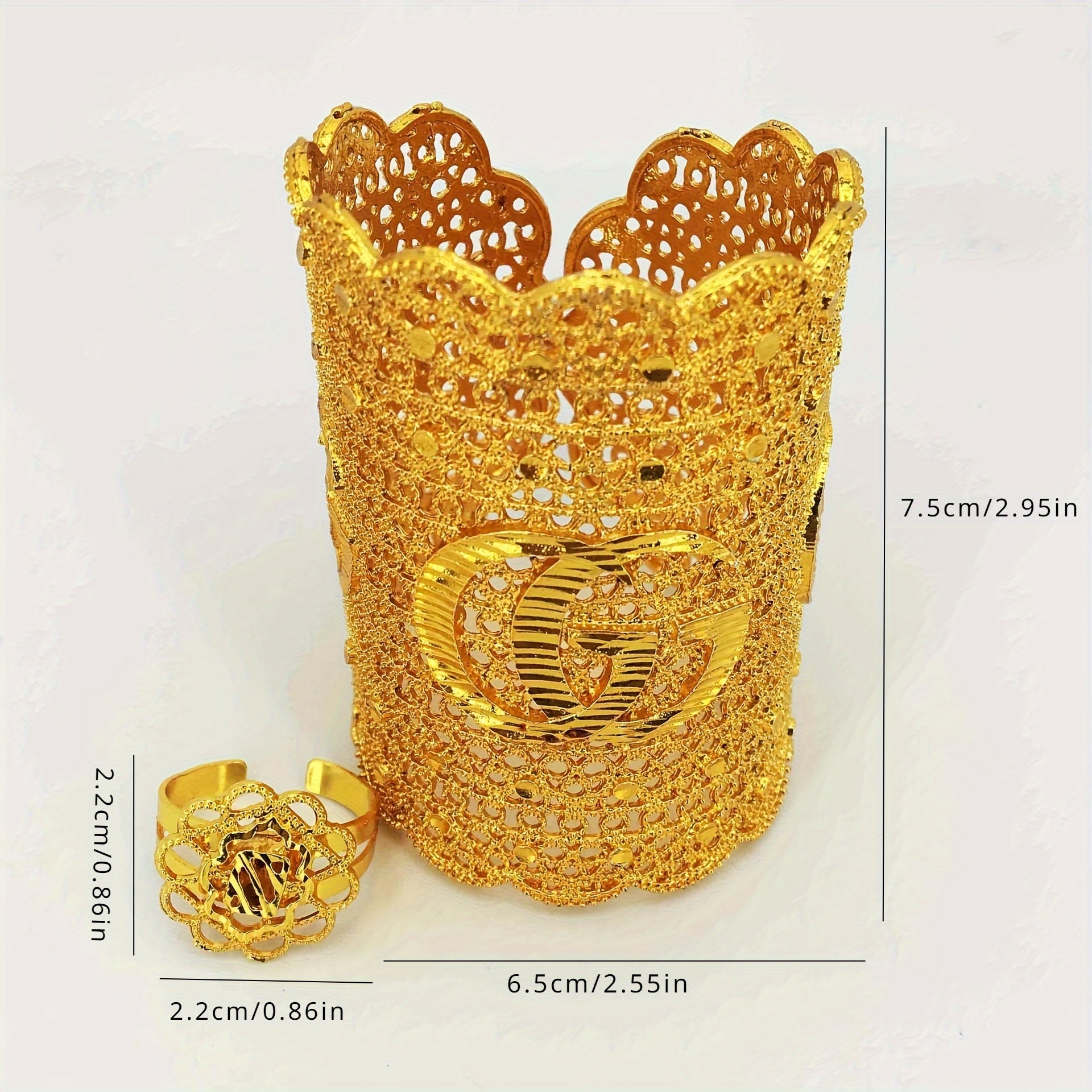 Set of 2 Copper Jewelry Pieces Open Cuff Bracelet and Ring Filigree Design for Special Occasions