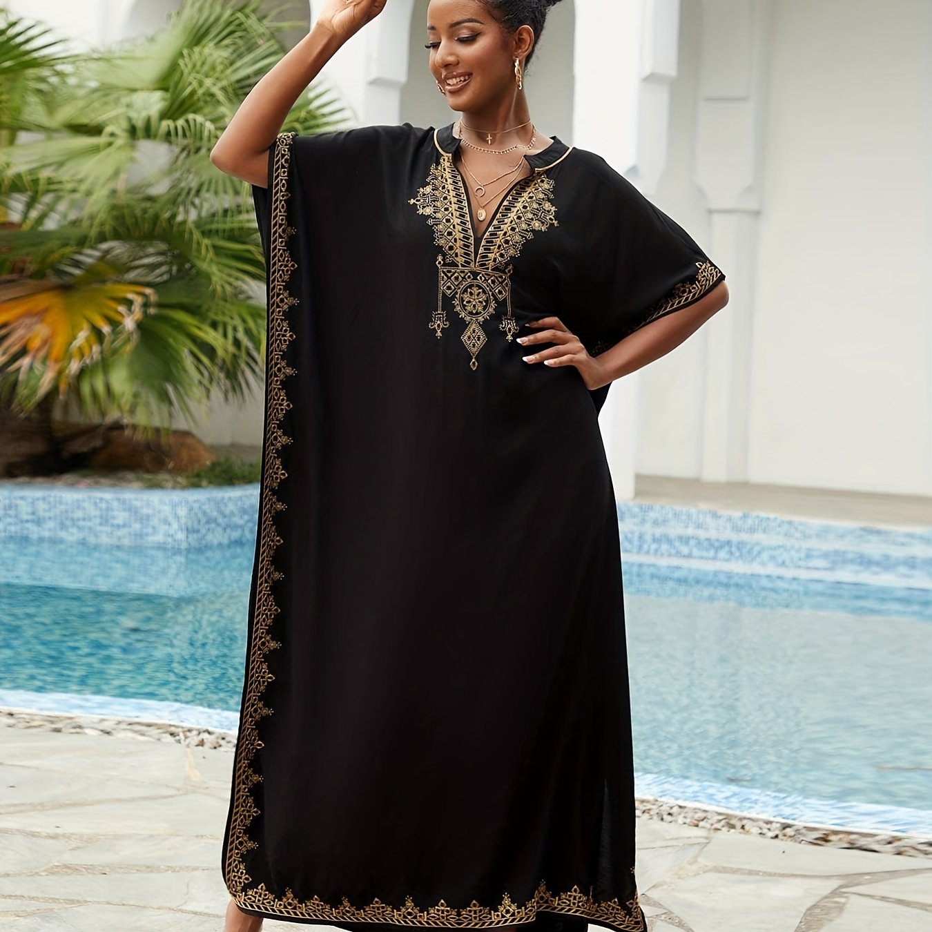Women's Plus Size Boho Kaftan Dress Gold Embroidered Bat Sleeve Maxi Cover Up