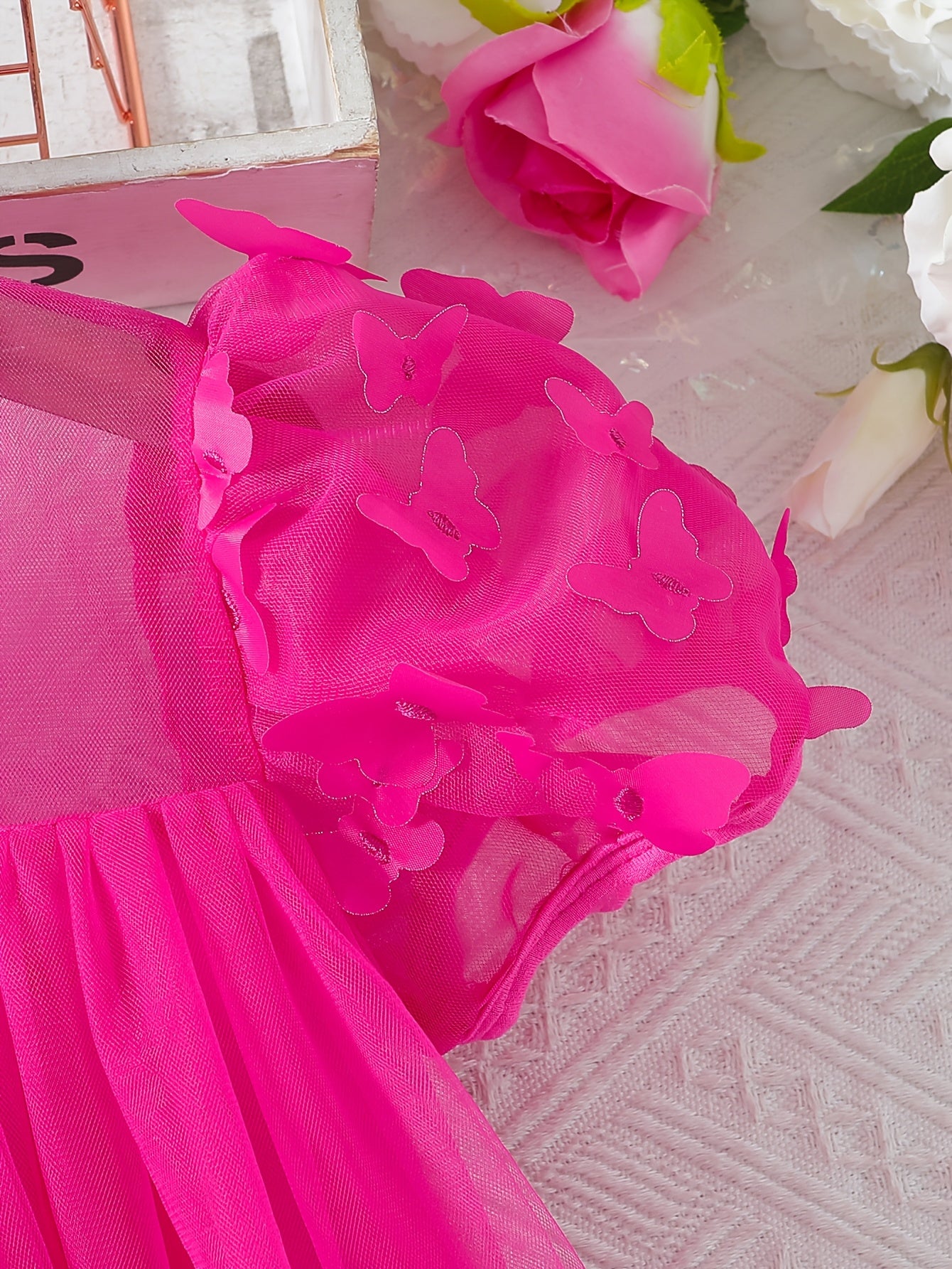 Girls' Spring Summer Princess Dress with 3D Butterfly Detail Short Puff Sleeve Flared Hollow Design