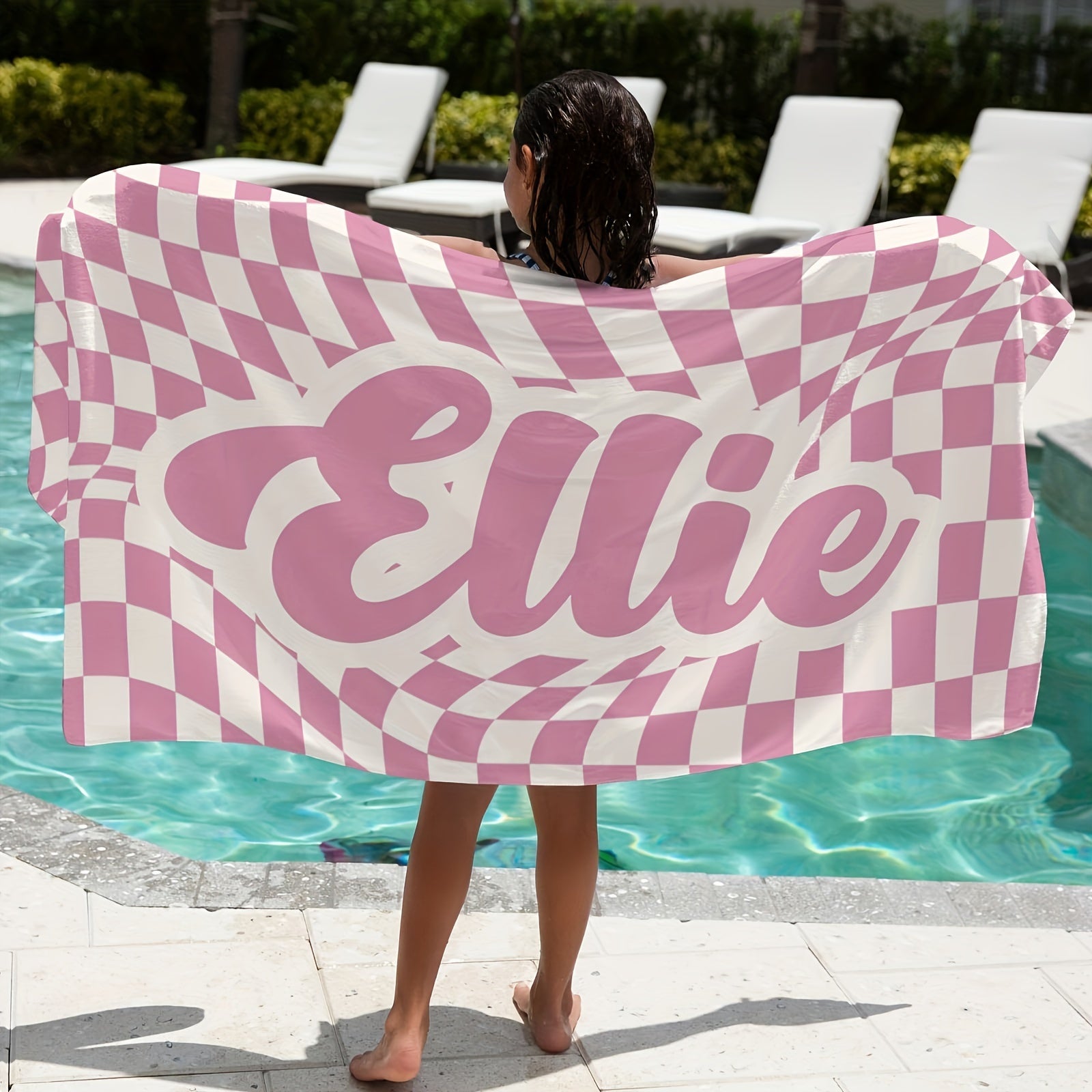 Customized Lattice Pattern Beach Towel with Name Quick-Drying and Absorbent for Beach Swimming Camping
