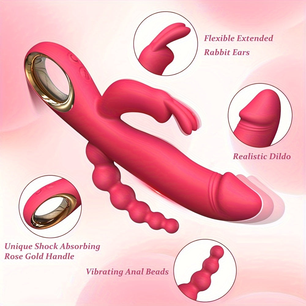Mujer Dildo de silicona con movimiento de empuje, vibrador con orejas de conejo, estimulador de punto G y anal
