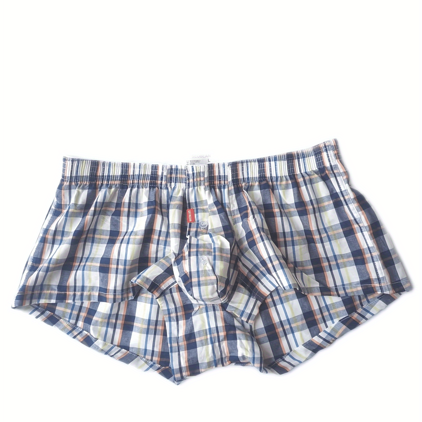 Men's Low Waist Cotton Plaid Underwear with Front Button Opening Shortie