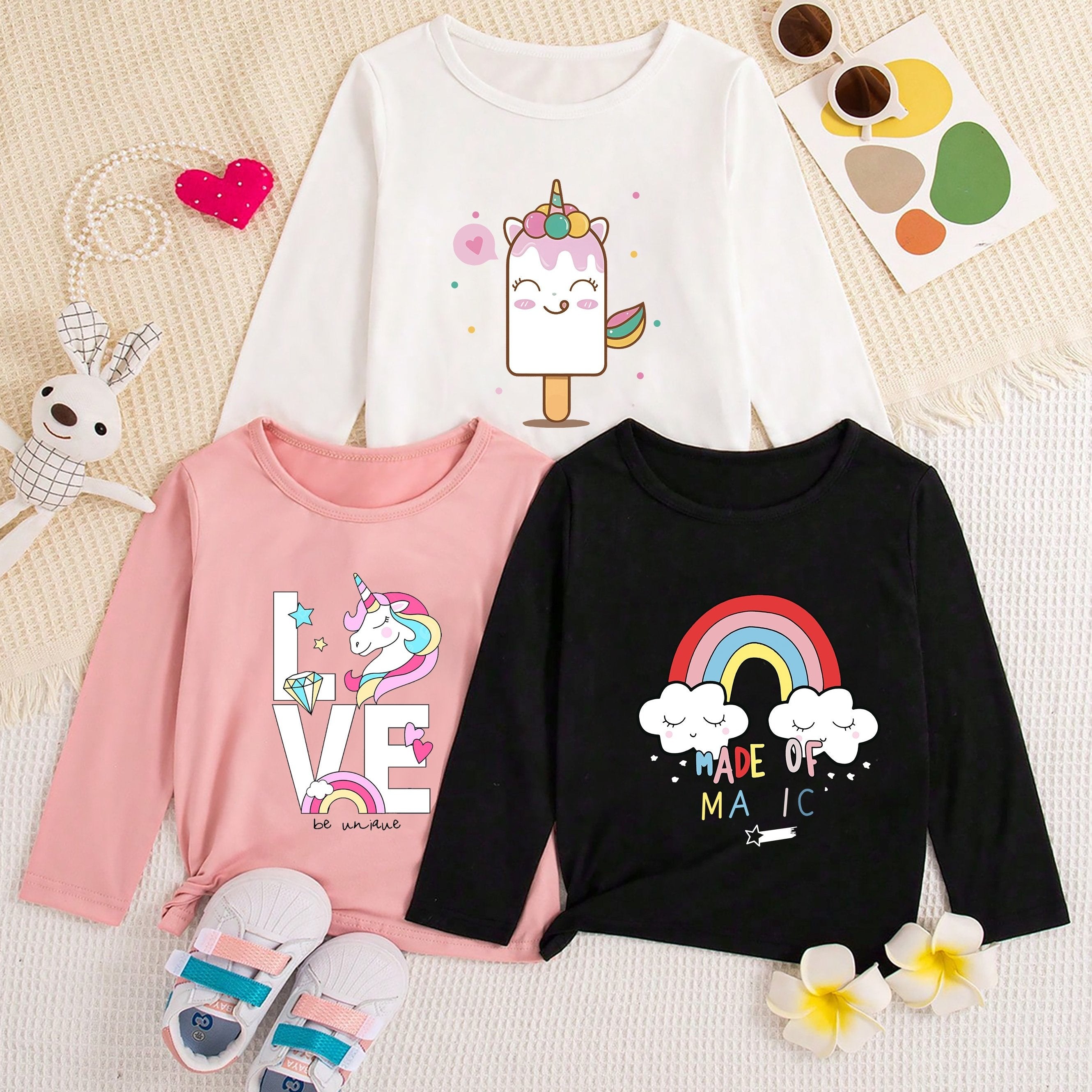 Girls Long Sleeve T-Shirt with Unicorn Print Polyester Spring Fall Regular Fit