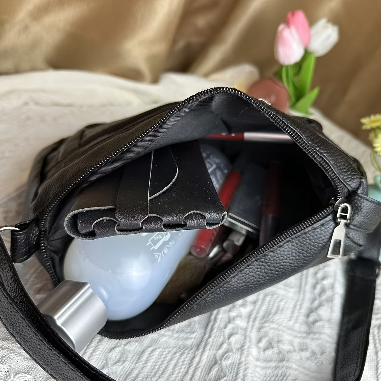 Bolso cruzado grande para mujeres para mamás negro PU correa ajustable minimalista