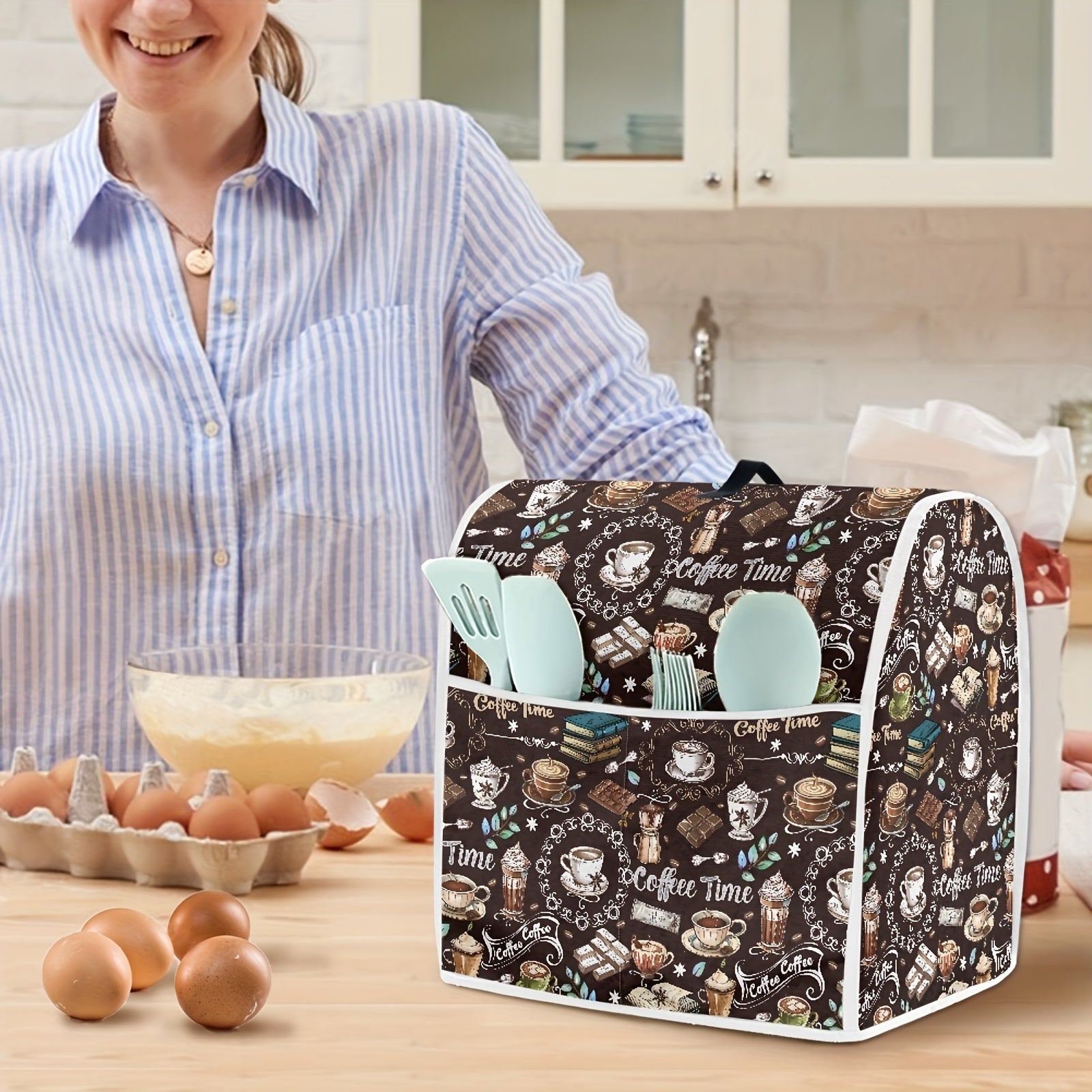 Coffee-Themed Stand Mixer Cover Dustproof Protective Kitchen Appliance Cover with Pockets