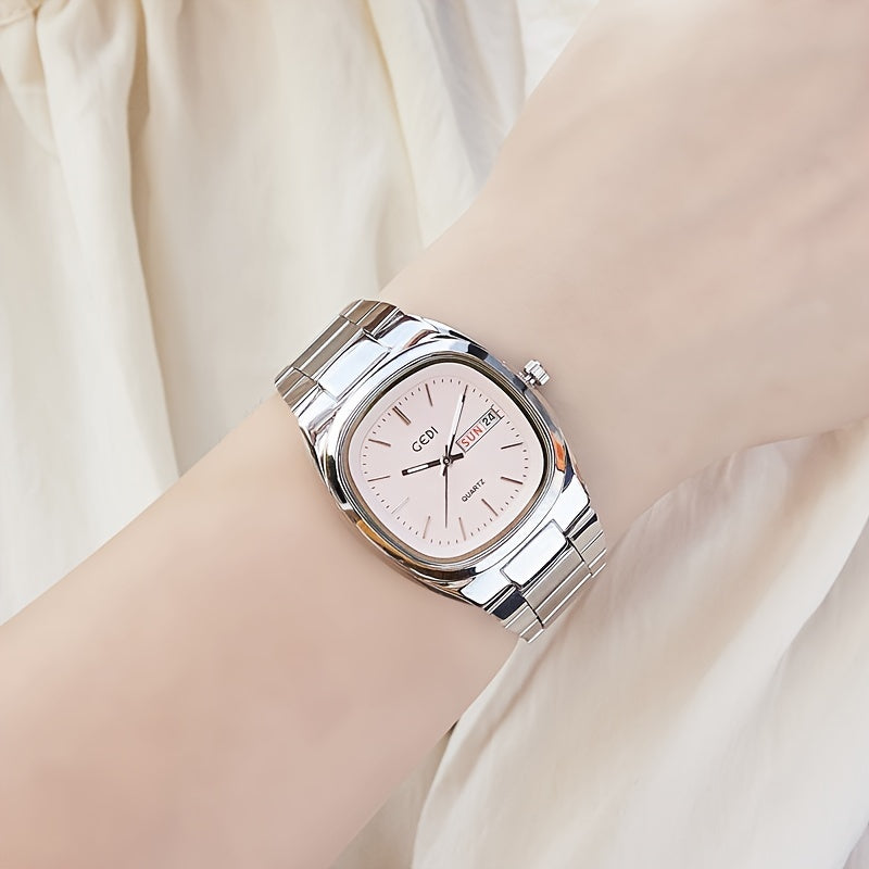 Women's Square Stainless Steel Watch with Quartz Movement Analog Calendar Date