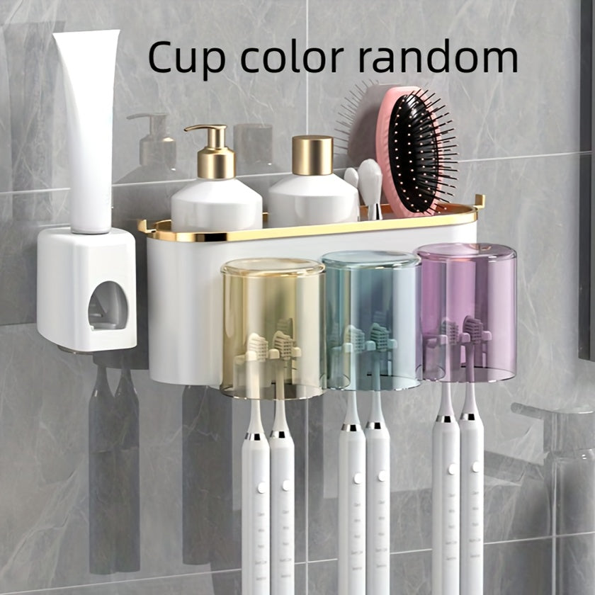 Wall-Mounted Toothbrush and Toothpaste Holder with Squeezer and Storage Shelf