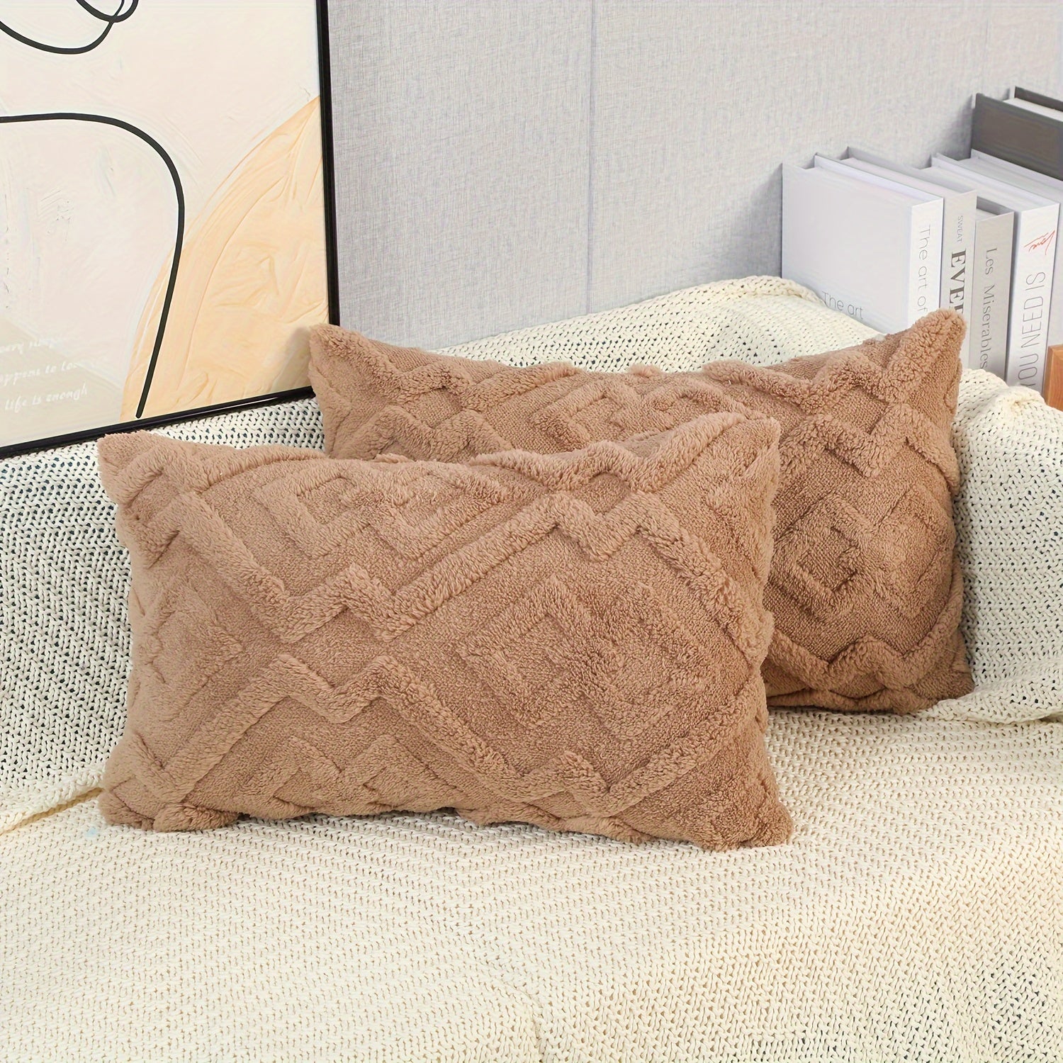 Plush Faux Wool Velvet Pillow Cover Cream Beige Geometric Zippered Decor