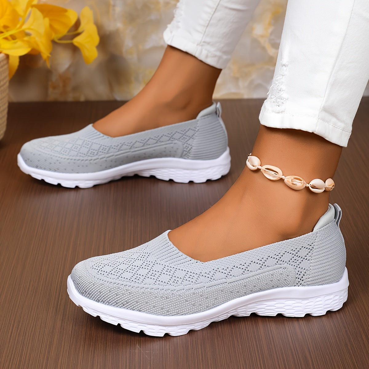 Women's Lightweight Slip-On Walking Shoes Breathable Knit Light Blue