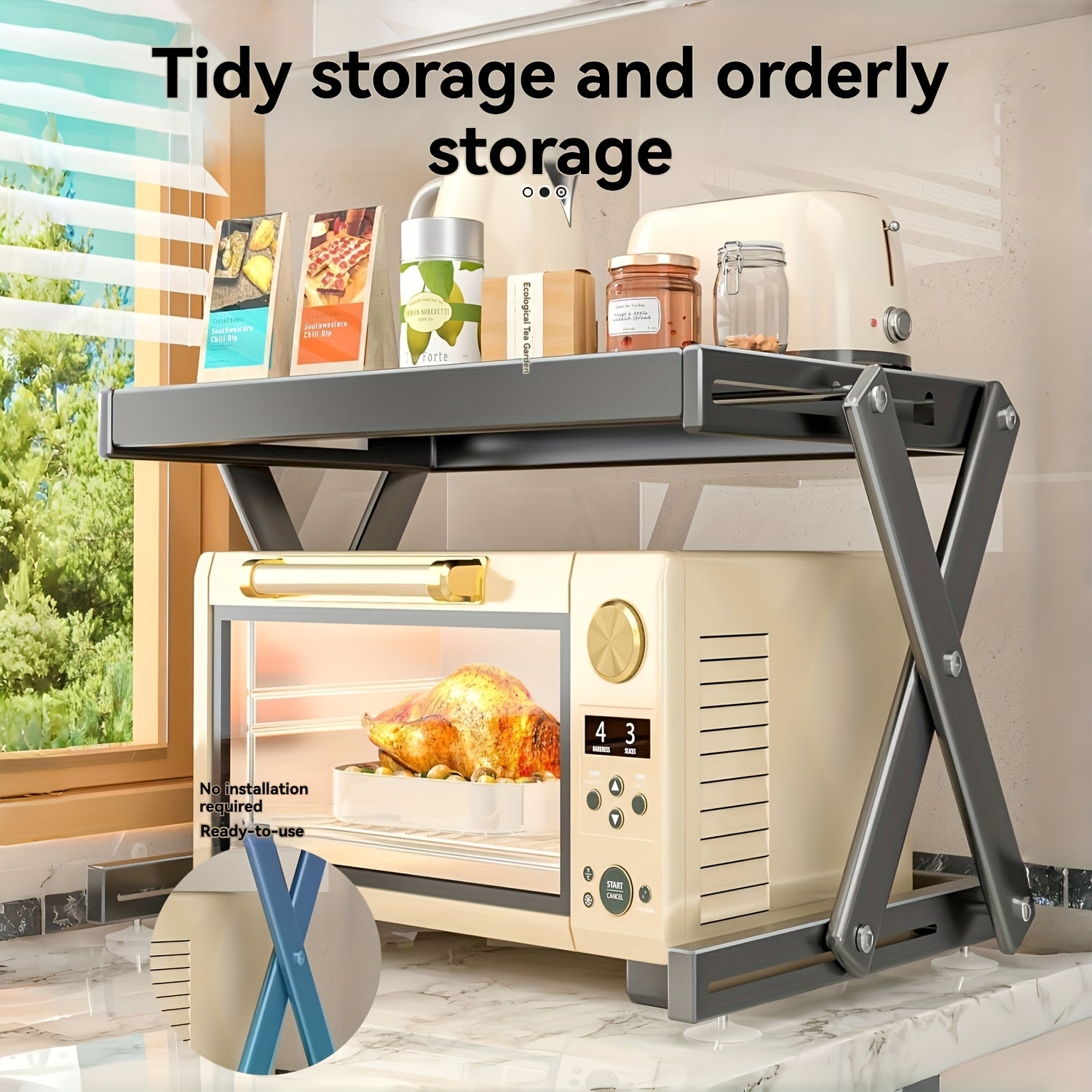 Moslashuvchan joyni tejash dizayni bilan zanglamaydigan po'latdan yasalgan mikroto'lqinli pech uchun javon. Mikroto'lqinli pech va oshxona asosiy buyumlarini saqlash uchun ideal. Bardoshli metall konstruktsiya. O'rnatishni talab qilmaydi.