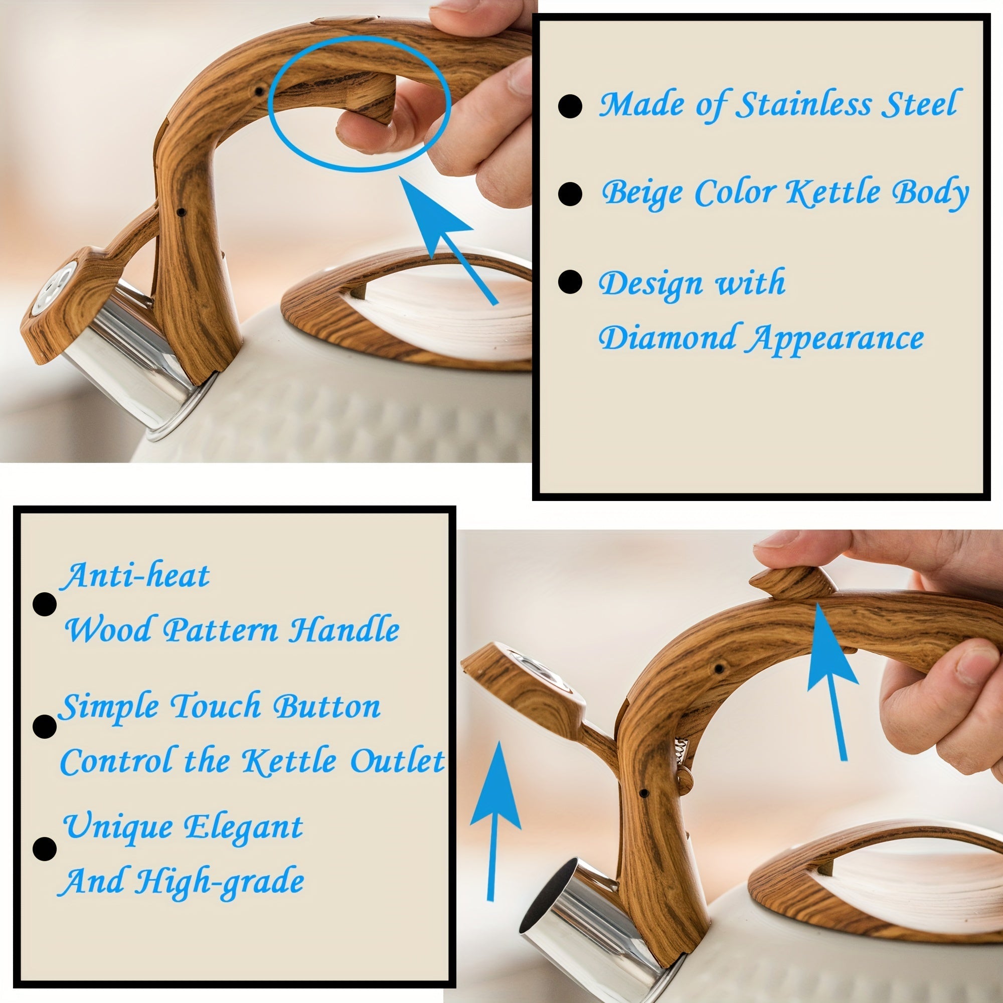 Stainless Steel Tea Kettle with Wooden Handle, Loud Whistle, Induction Compatible