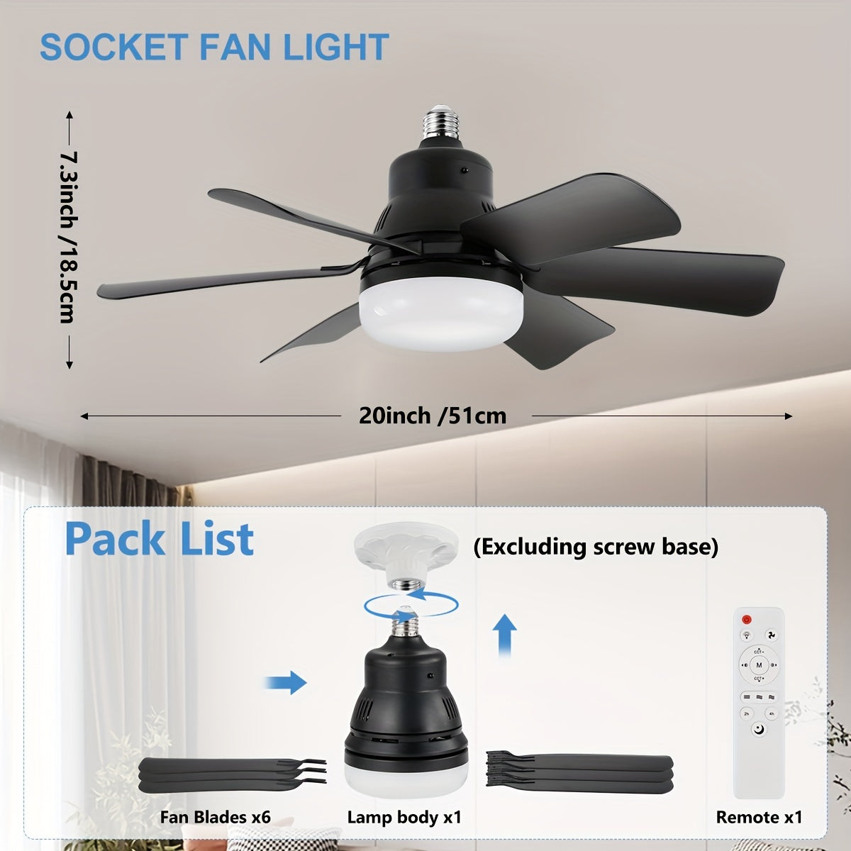 2pcs LED Ceiling Fan Bulb with Remote Control Adjustable Brightness and Speed E26/E27 Compatible for Living Room Bedroom Kitchen